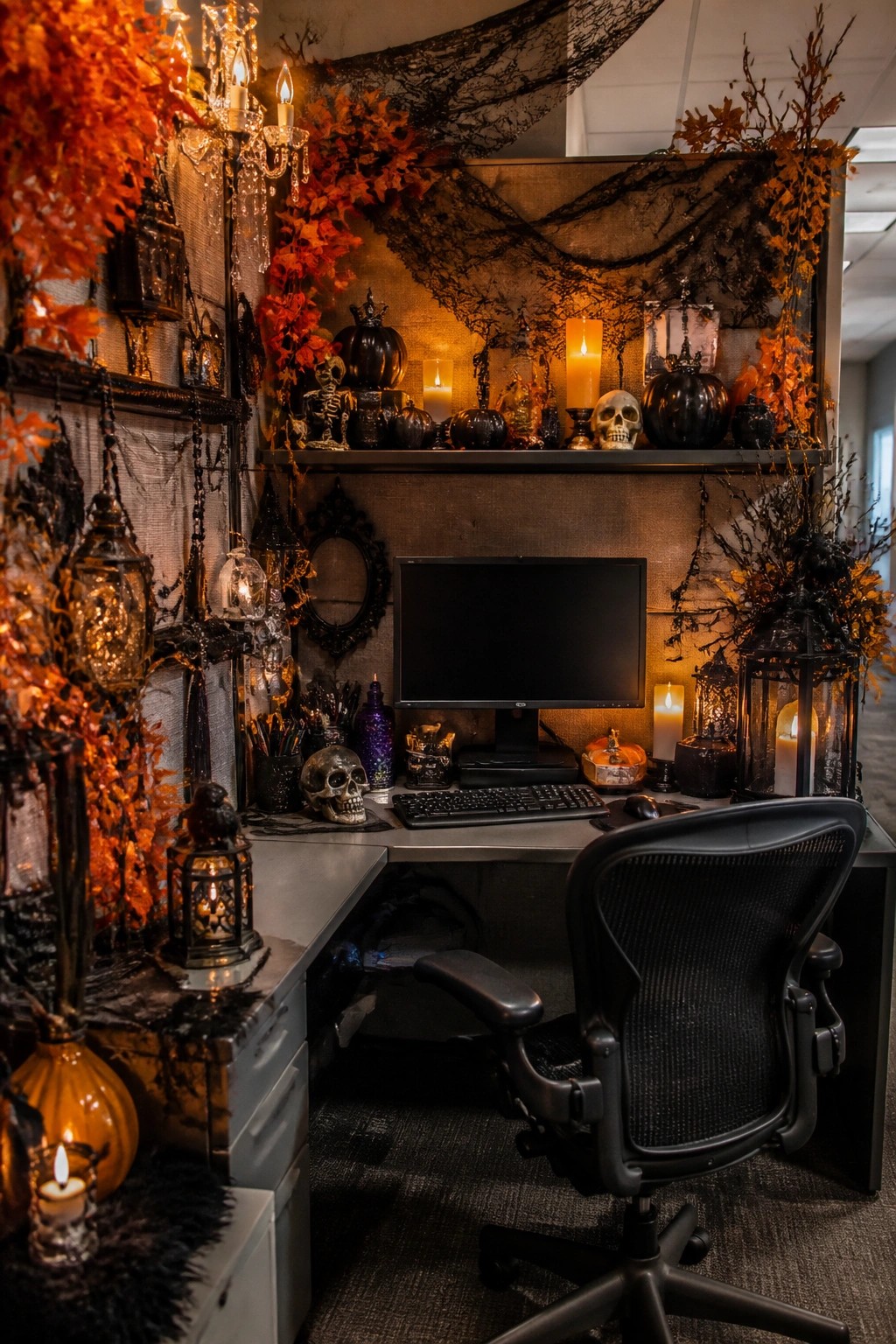 Office cubicle desk decorated with skulls, small skeletons, black pumpkins, and spiderwebs around a computer monitor.