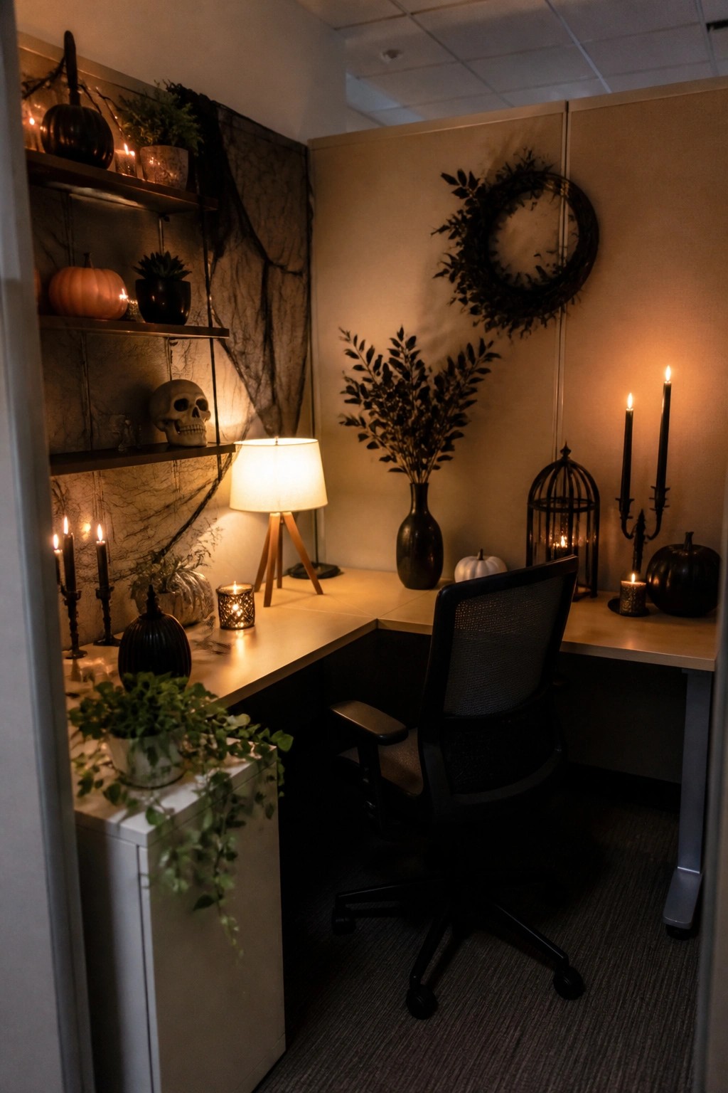 Halloween-decorated office cubicle with desk, black chair, pumpkins, skull, and glowing candles.