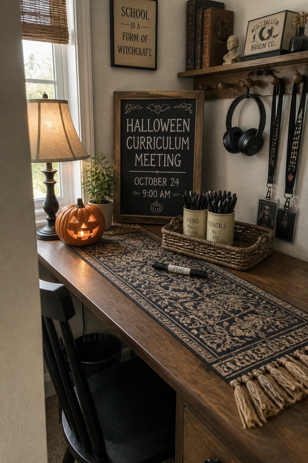 A wooden desk holds a framed chalkboard sign that reads