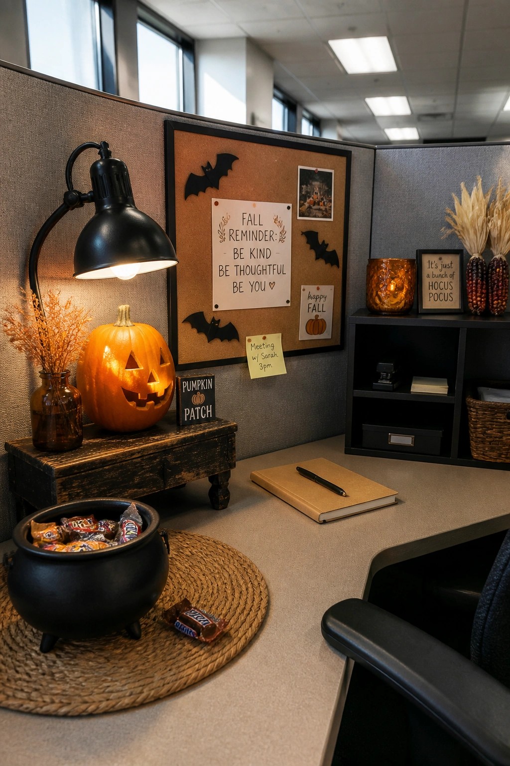 Office cubicle with glowing jack-o'-lantern, candy cauldron, bat corkboard, and desk.