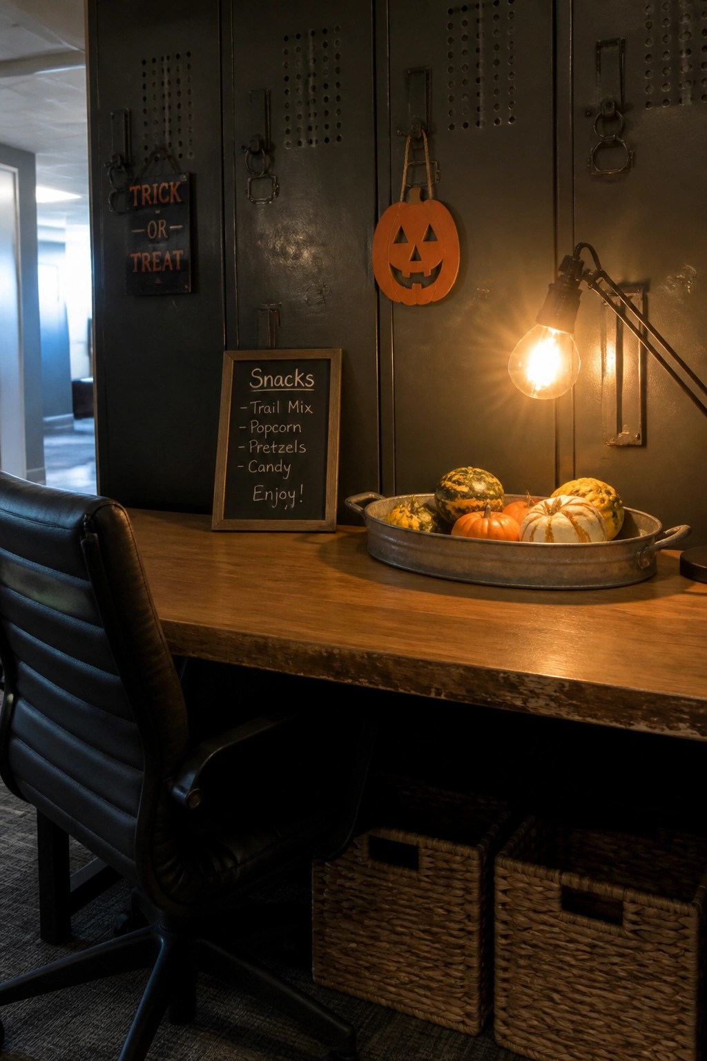Wooden desk with black chair, snack chalkboard, pumpkin tray, and lit lamp before lockers