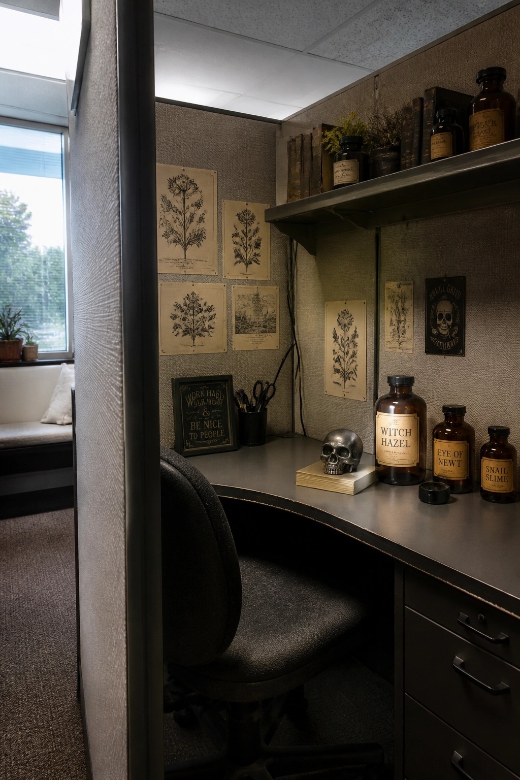 Office cubicle desk featuring brown glass bottles with Halloween-themed labels, a small skull, botanical prints on the wall, and a black office chair.