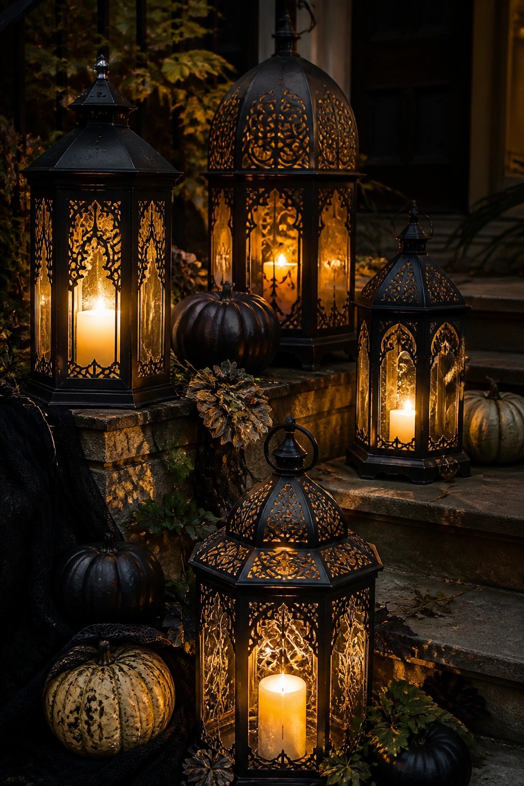 Front porch steps lined with glowing black metal lanterns and dark pumpkins at night.