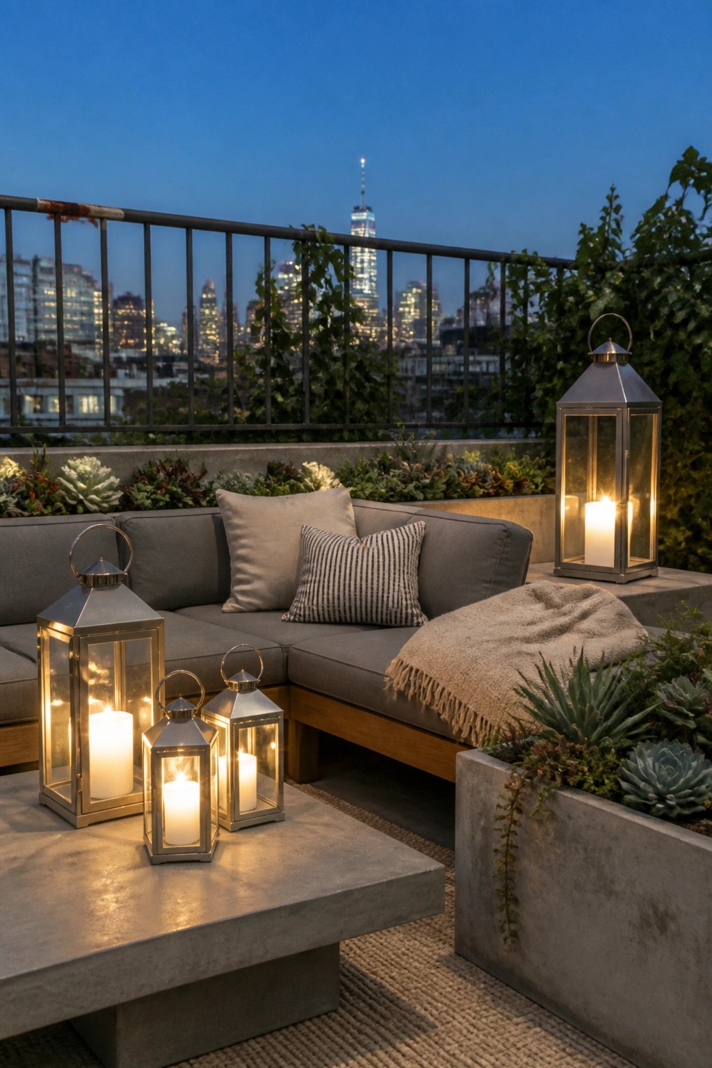 A rooftop terrace at dusk with a gray sectional sofa, a concrete coffee table holding three lit metal lanterns, and a city skyline visible beyond the railing.