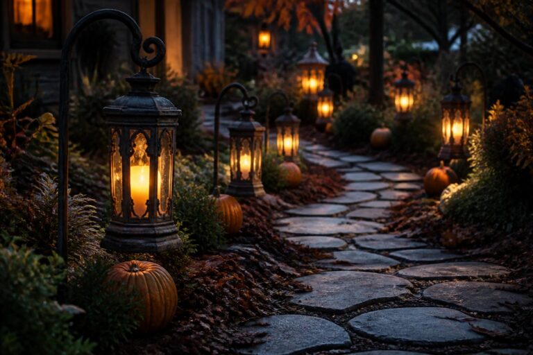 Glowing lanterns and pumpkins line a winding stone path through autumn woods at night