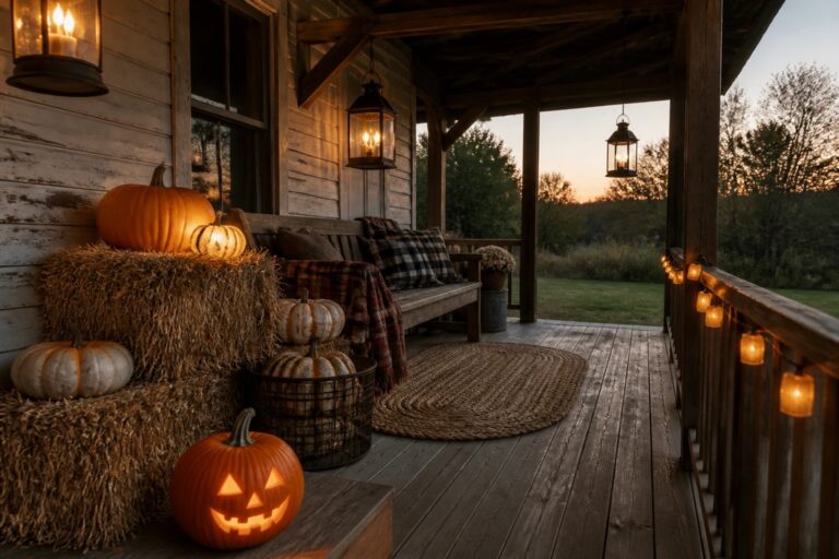 A wooden farmhouse porch at dusk with hanging lanterns, string lights on the railing, pumpkins on hay bales, a bench with pillows, and a round woven rug.