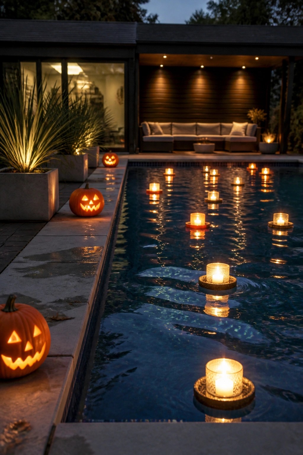 A rectangular pool at dusk with multiple floating candles in glass holders on the water and carved pumpkins placed along the stone deck.