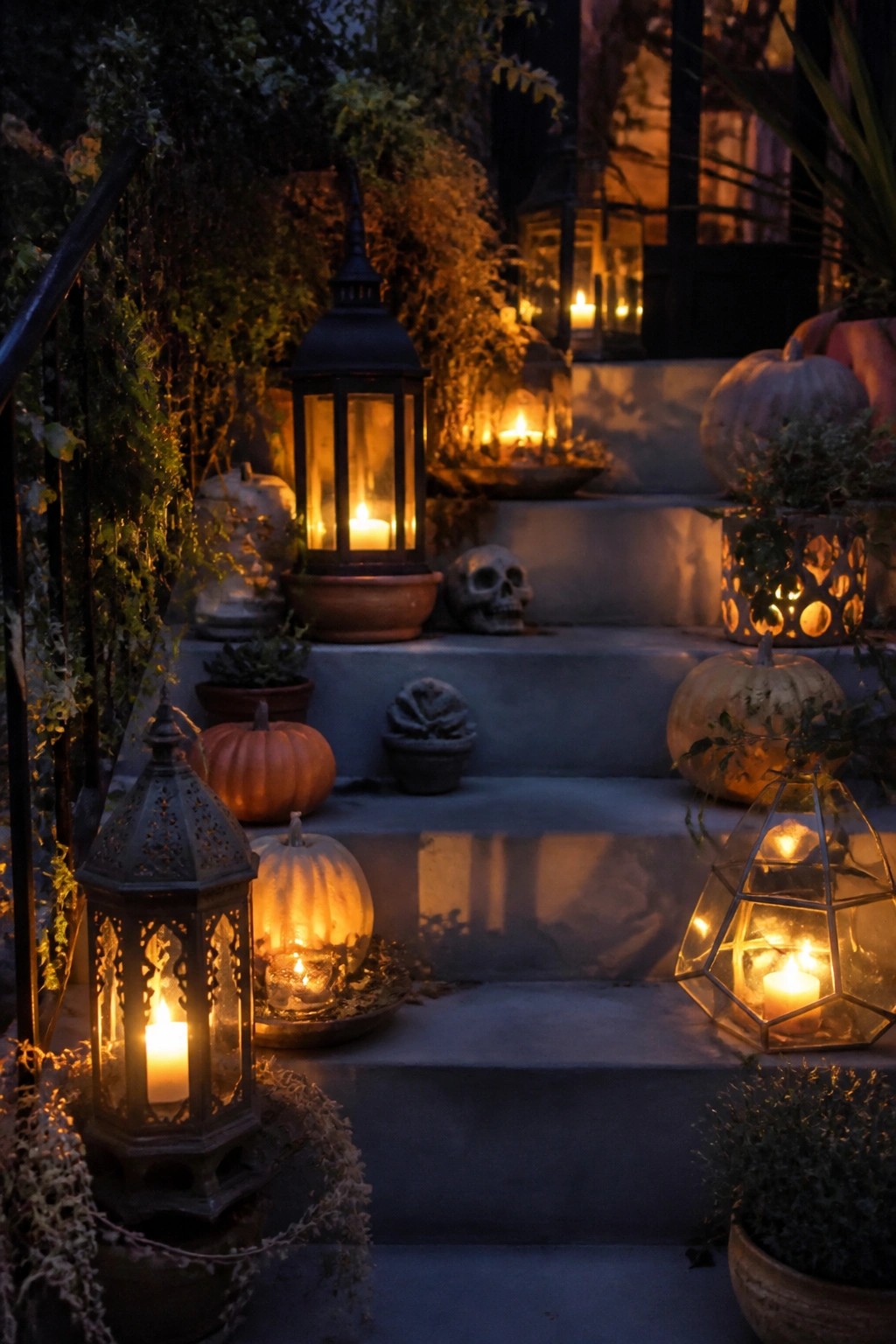 Concrete outdoor steps lined with several lit metal and glass lanterns, pumpkins, and skulls at night.
