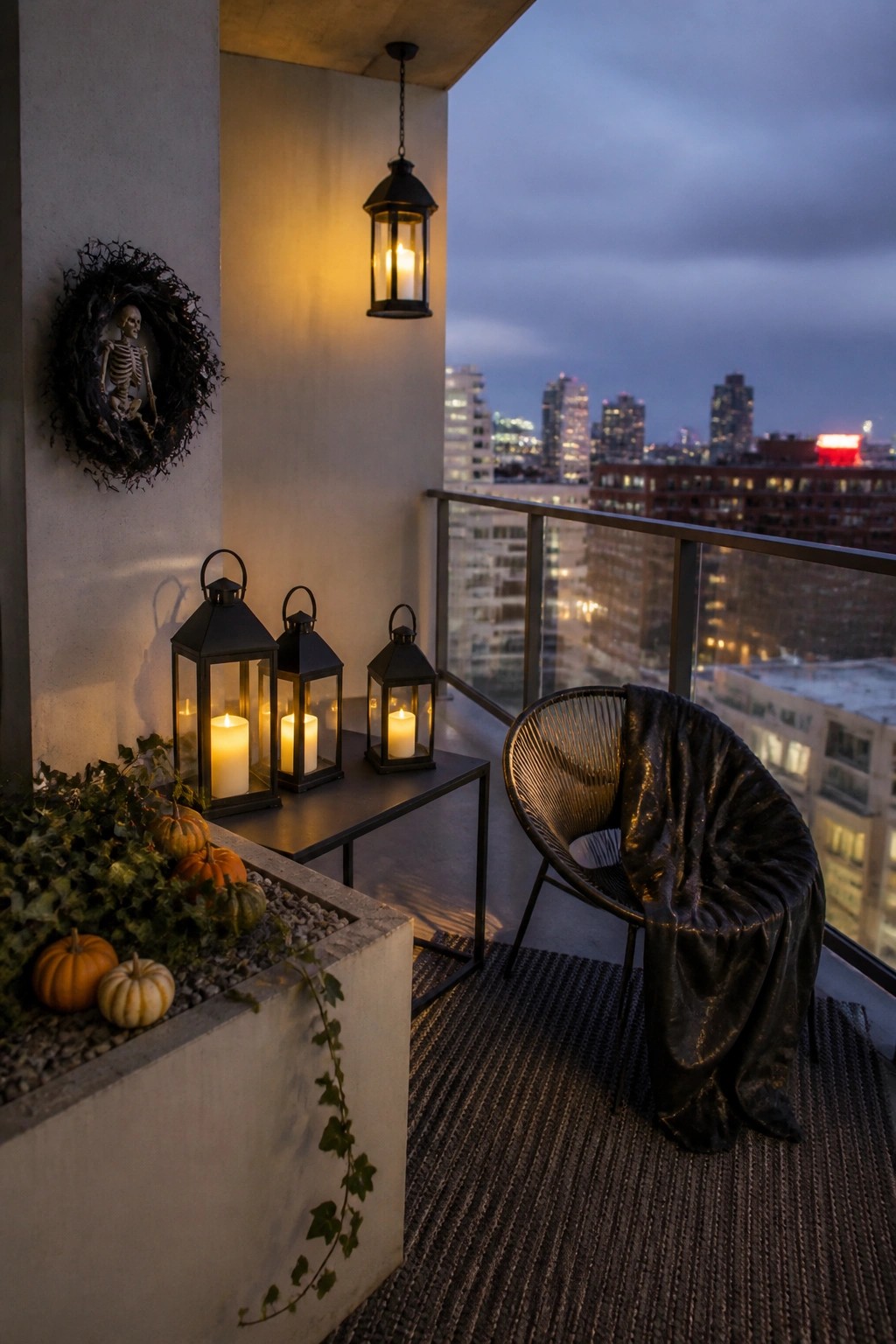 Halloween balcony with glowing lanterns, pumpkins, skeleton wreath, and city skyline at dusk