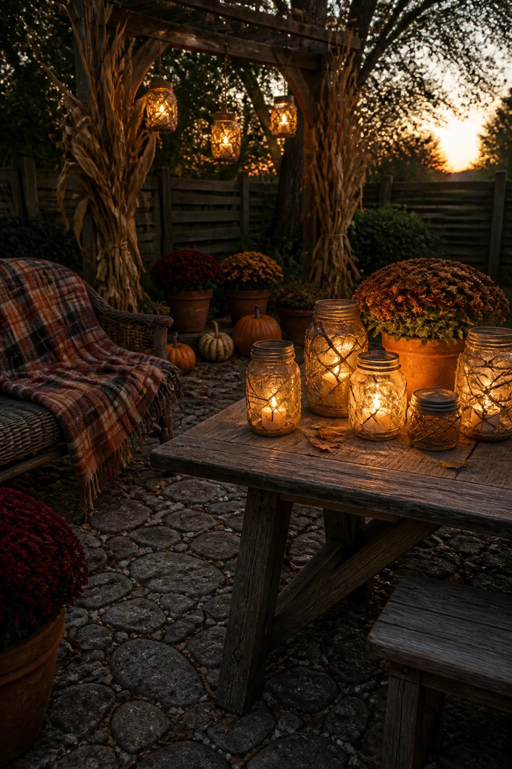 A wooden picnic table holds several lit mason jar lanterns wrapped in twigs, placed beside potted orange and red chrysanthemums and small pumpkins on a stone patio at dusk, with more hanging lanterns visible under a wooden pergola.