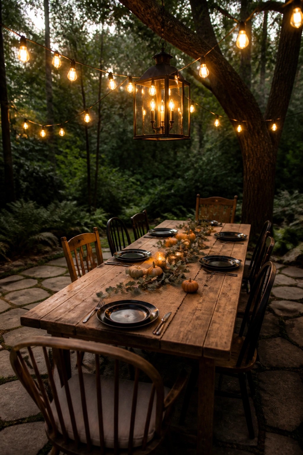 Rustic wooden table set with black plates, pumpkins, and candles under string lights in forest