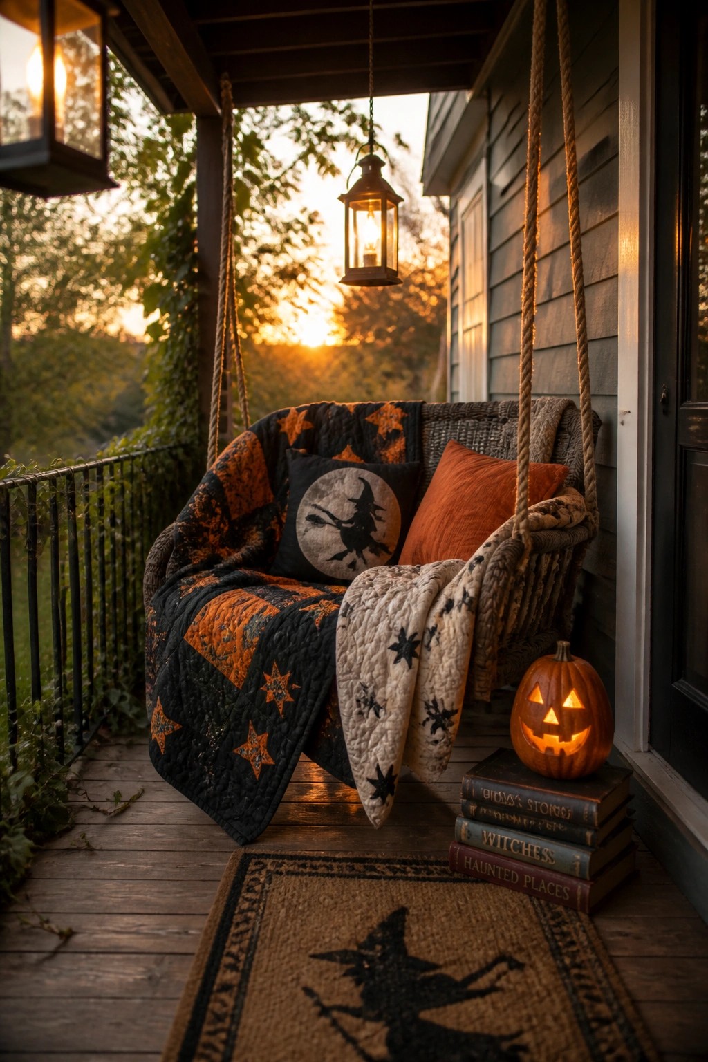 A wicker porch swing with orange and black quilts, a moon pillow, and a lit jack-o'-lantern sits on a wooden porch at sunset with lanterns hanging above.