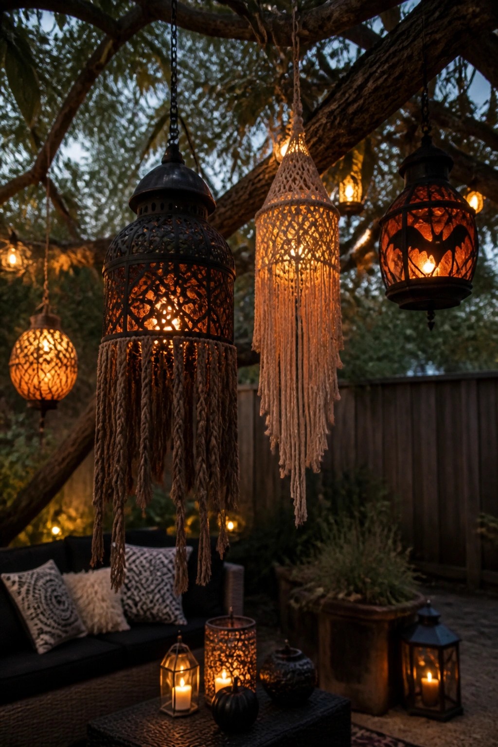 Outdoor patio with several hanging lanterns including one with bat cutouts suspended from tree branches at dusk.