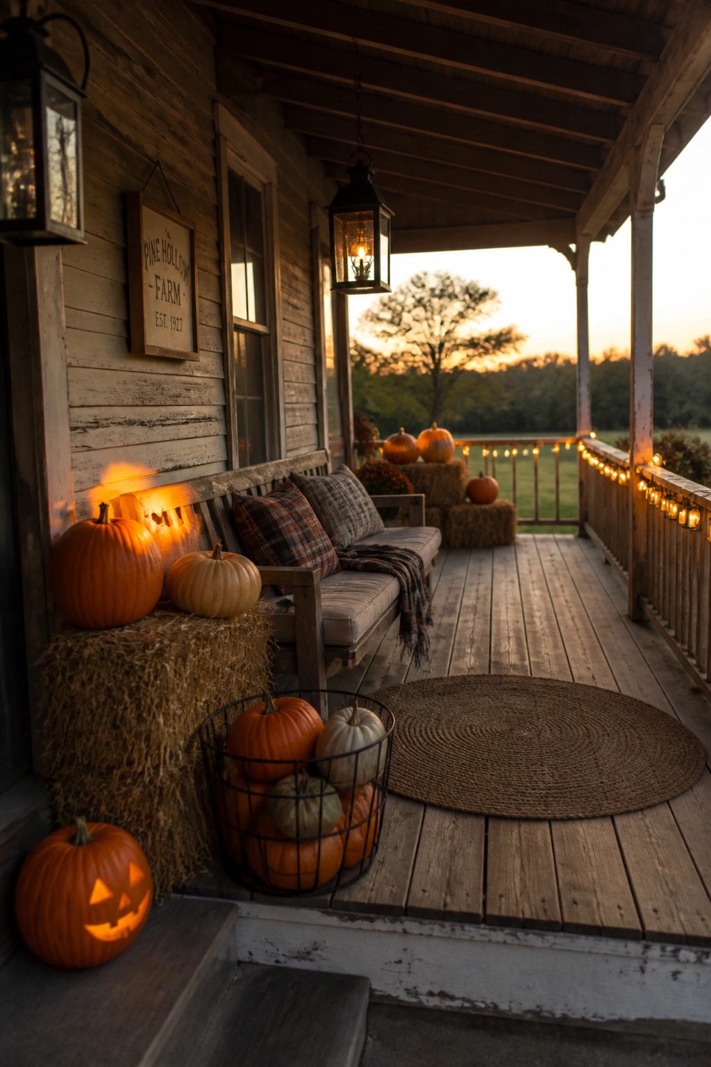 A wooden farmhouse porch at dusk with hanging lanterns, string lights on the railing, pumpkins on hay bales, a bench with pillows, and a round woven rug.