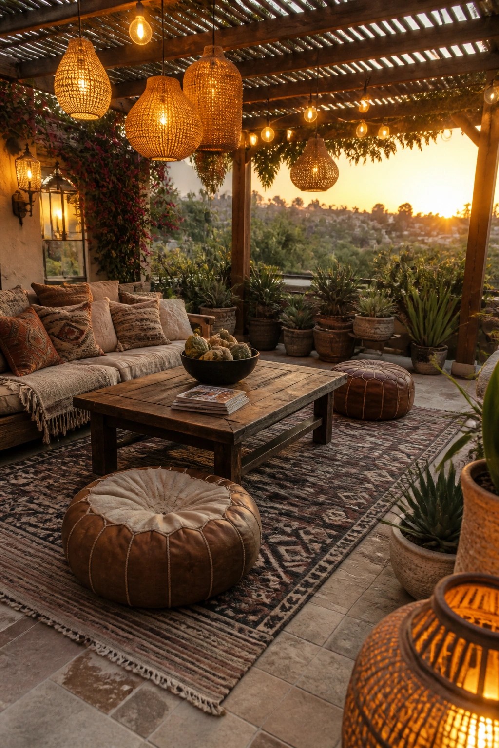 A covered wooden pergola patio at sunset with multiple hanging woven lanterns, an outdoor sofa with pillows, a wooden coffee table, leather poufs on patterned rugs, and potted plants overlooking a landscape.