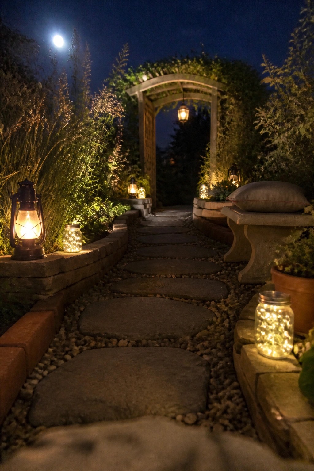 A nighttime garden path made of flat stones, bordered by plants and lit by several lanterns and glowing mason jars.