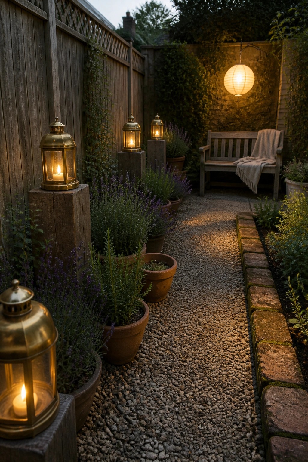A gravel garden path lined with potted plants and several lit brass lanterns on wooden posts, with a wooden bench visible at the far end.