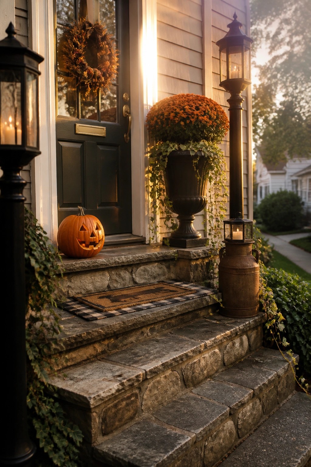 Stone steps to dark door with jack-o'-lantern, autumn wreath, orange mums, and lanterns.