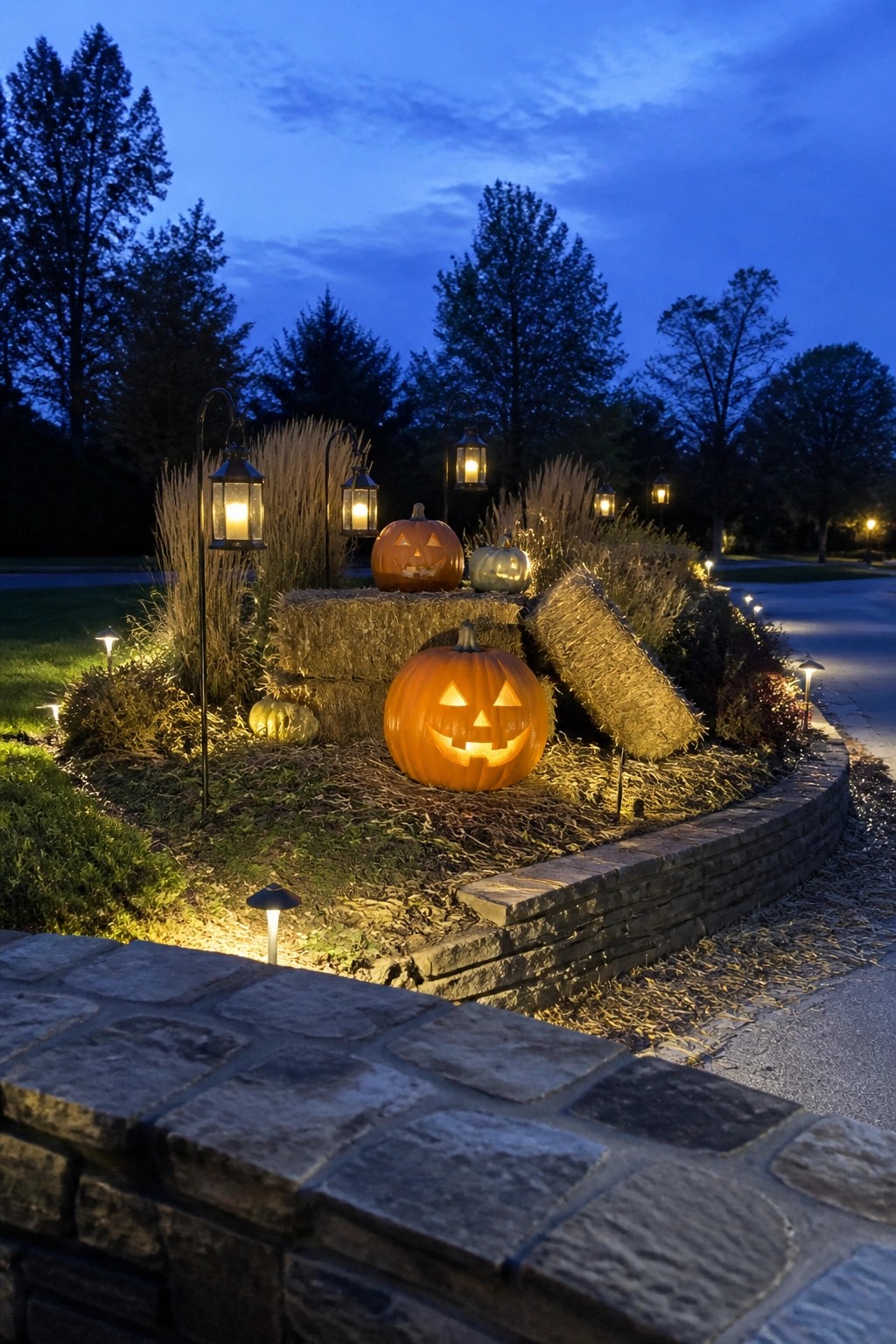 Carved jack-o'-lanterns and hay bales amid glowing lanterns in twilight garden.