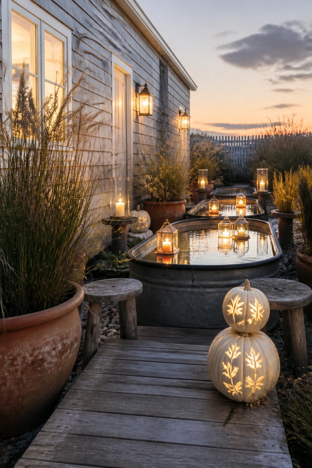 A wooden deck path runs past large metal tubs filled with water and lit lanterns, with carved white pumpkins on stools and potted grasses beside a weathered house at dusk.
