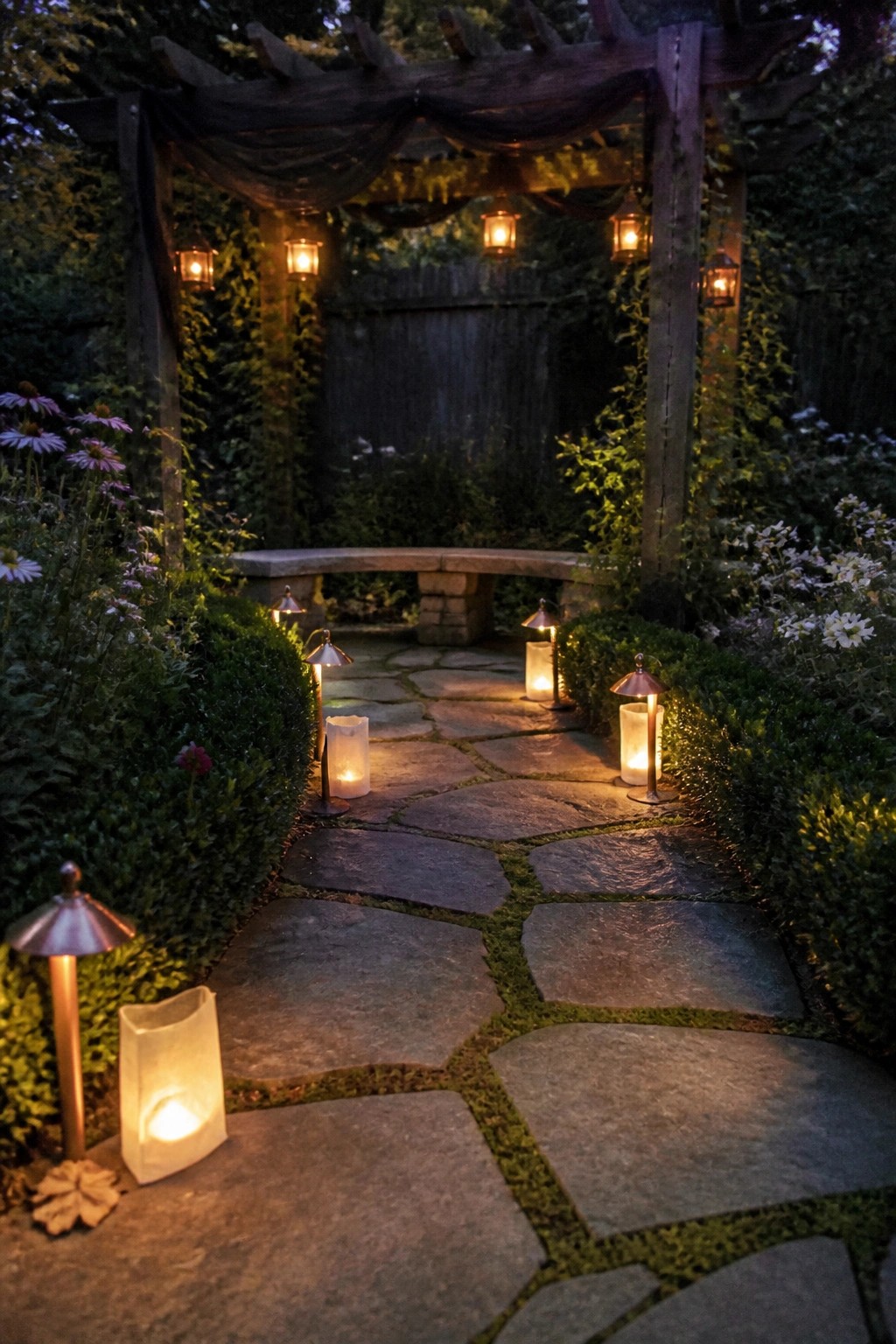 Lantern-lit stone path winds through flowers to bench under wooden pergola
