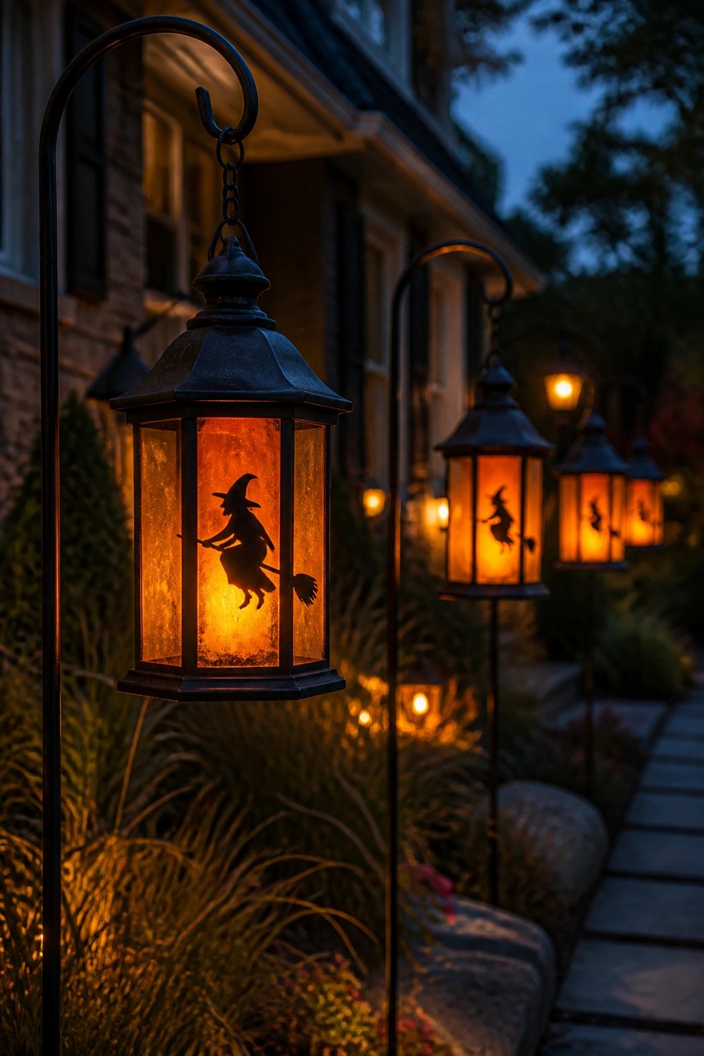 Outdoor lanterns with witch silhouettes glowing along a stone path beside a house at dusk.