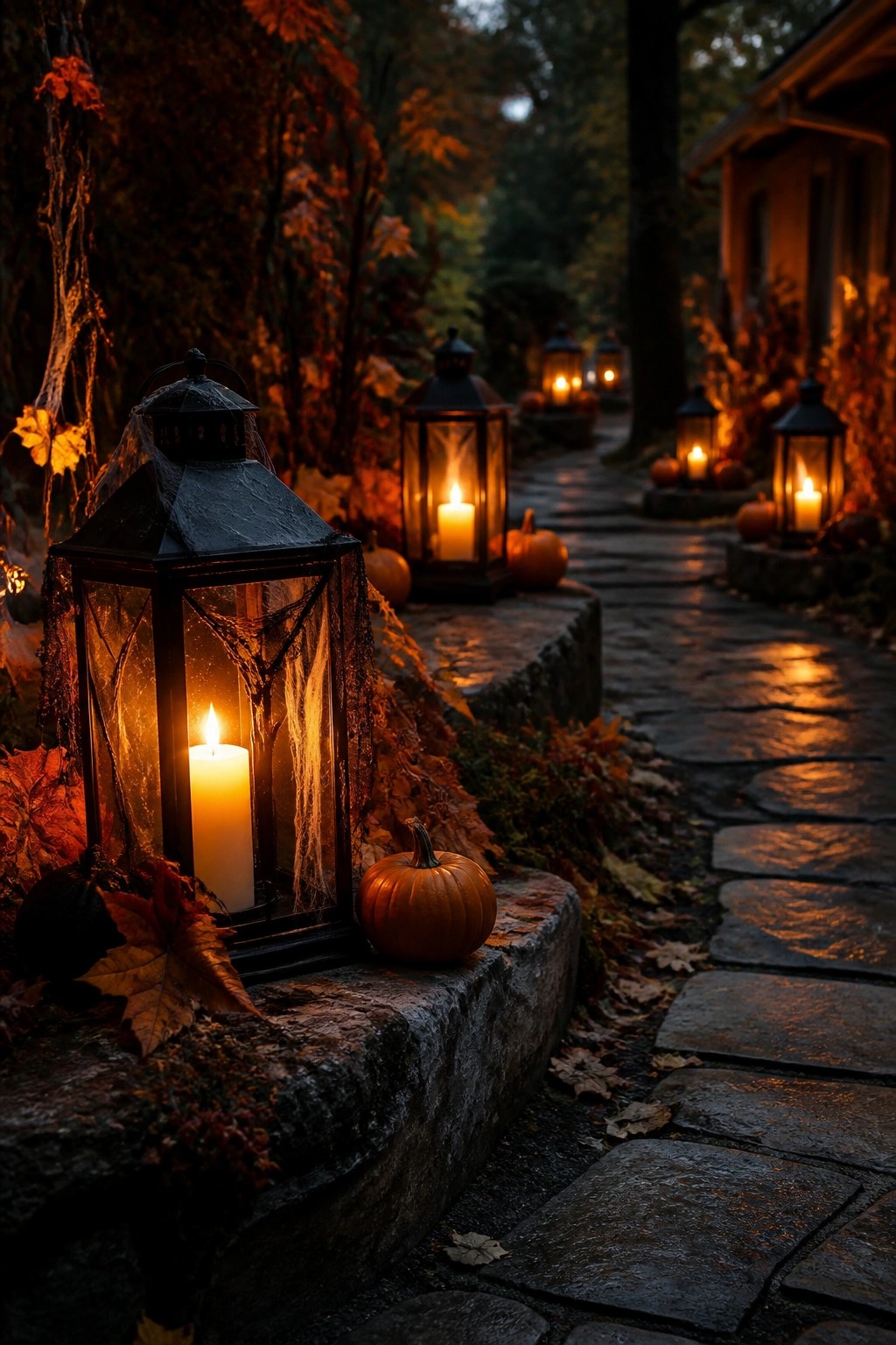 Glowing lanterns and pumpkins line a winding stone path through autumn woods at night