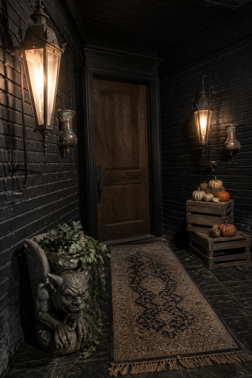 A wooden front door on a black brick wall lit by two wall-mounted lanterns, with a runner rug on the ground and pumpkins in wooden crates to the right.