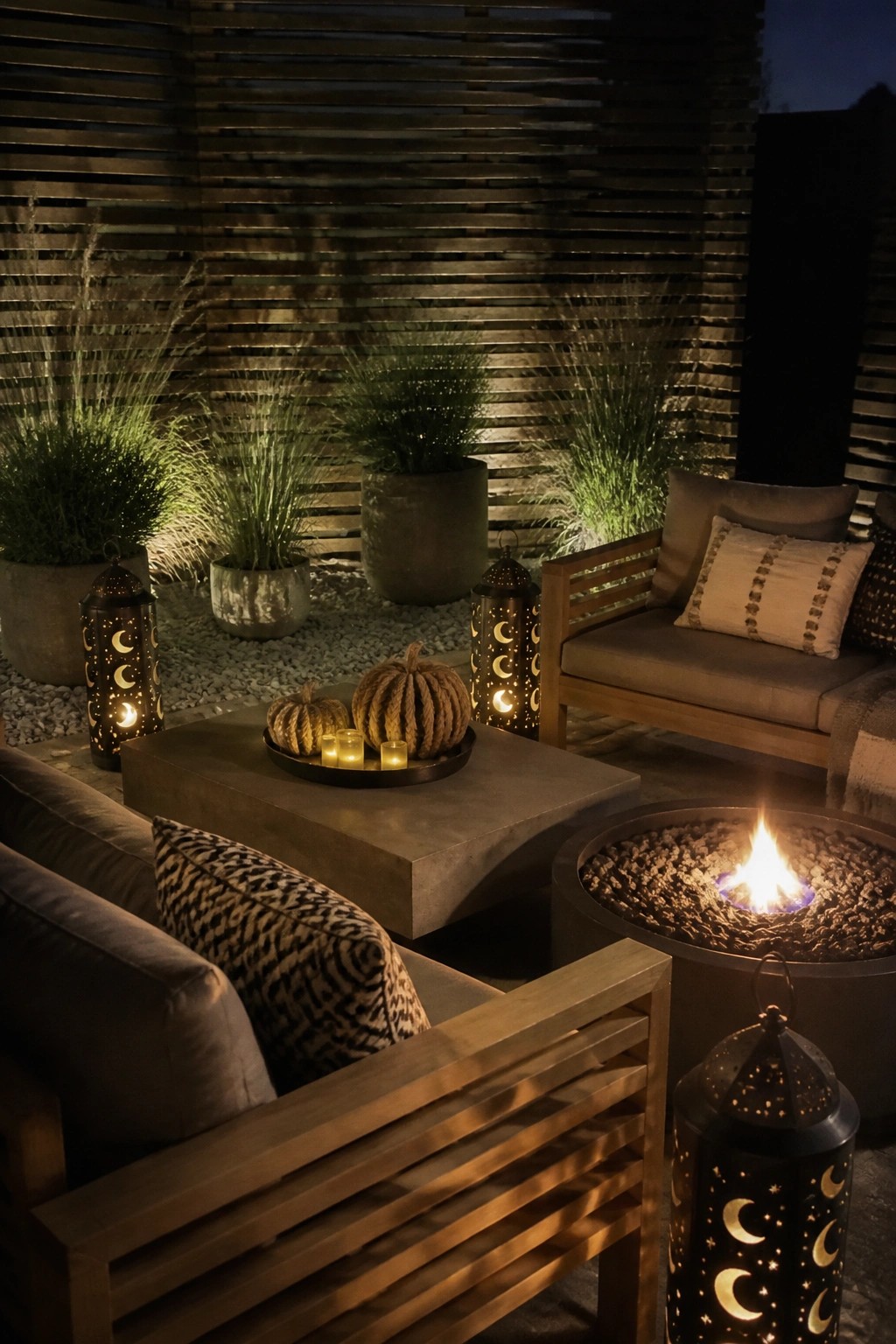 Cozy nighttime patio with fire pit, glowing lanterns, pumpkins, and wooden seating.