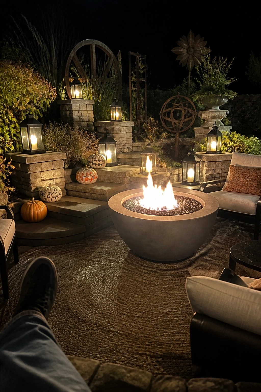A nighttime view of a round concrete fire pit surrounded by lit lanterns placed on stone pillars and steps, with pumpkins and outdoor chairs nearby.