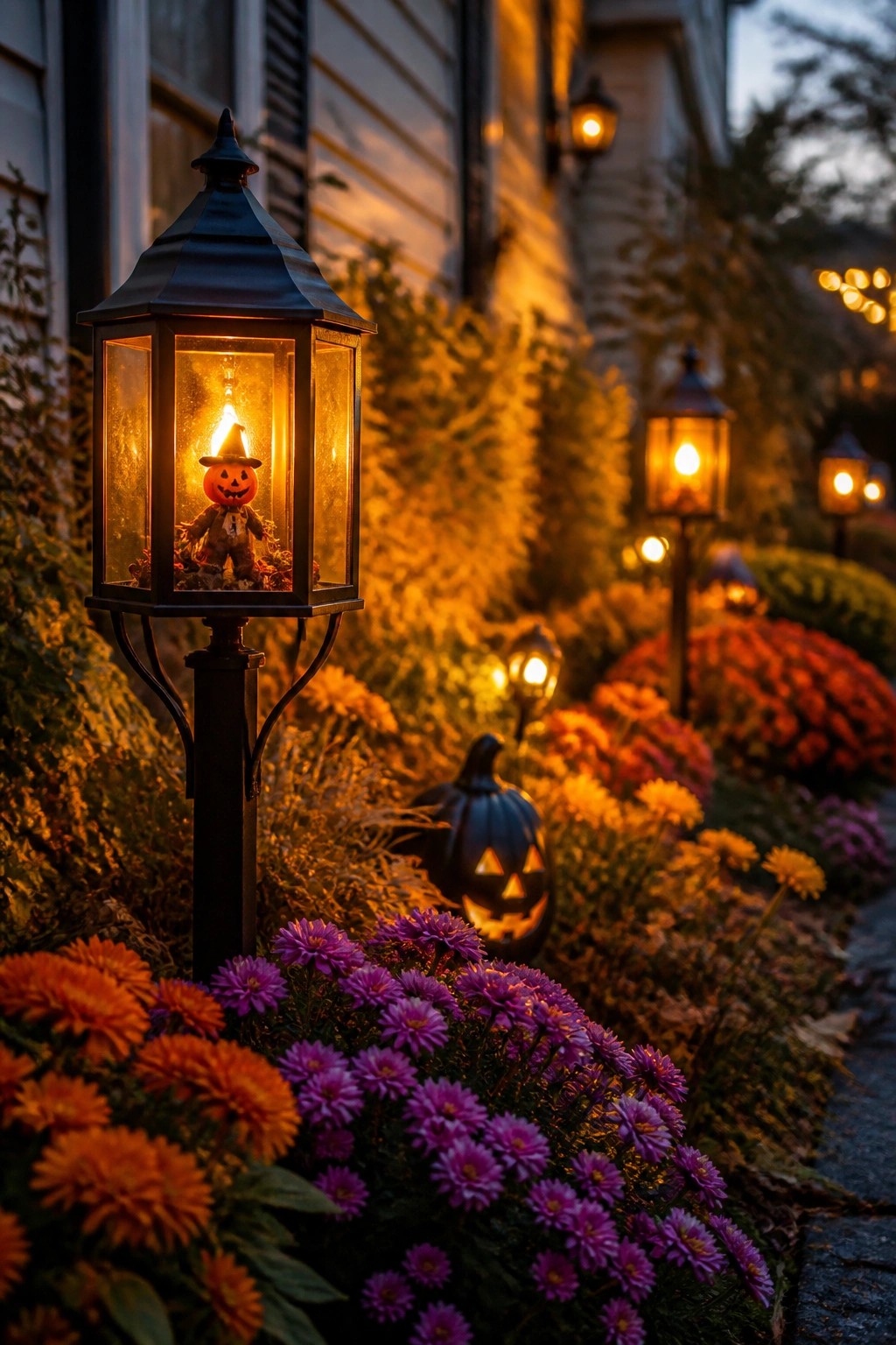Lit outdoor lantern on a post with a small jack o lantern figure inside, next to a black pumpkin and flowers along a house path.