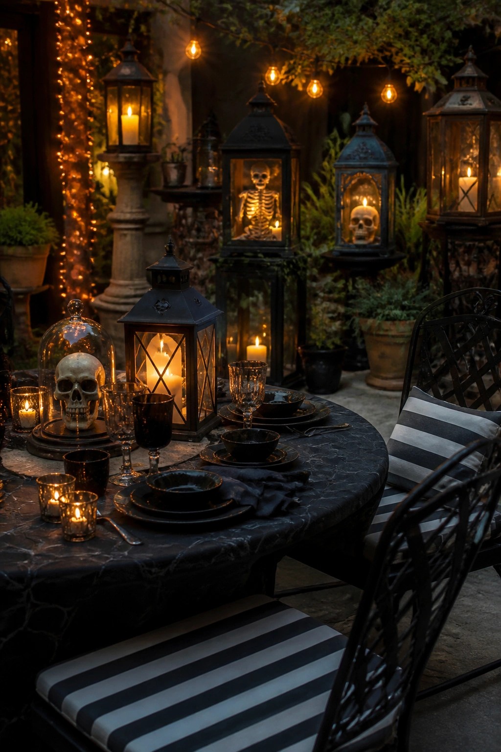 Spooky outdoor table with skulls, black dishes, candles, and striped cushions.