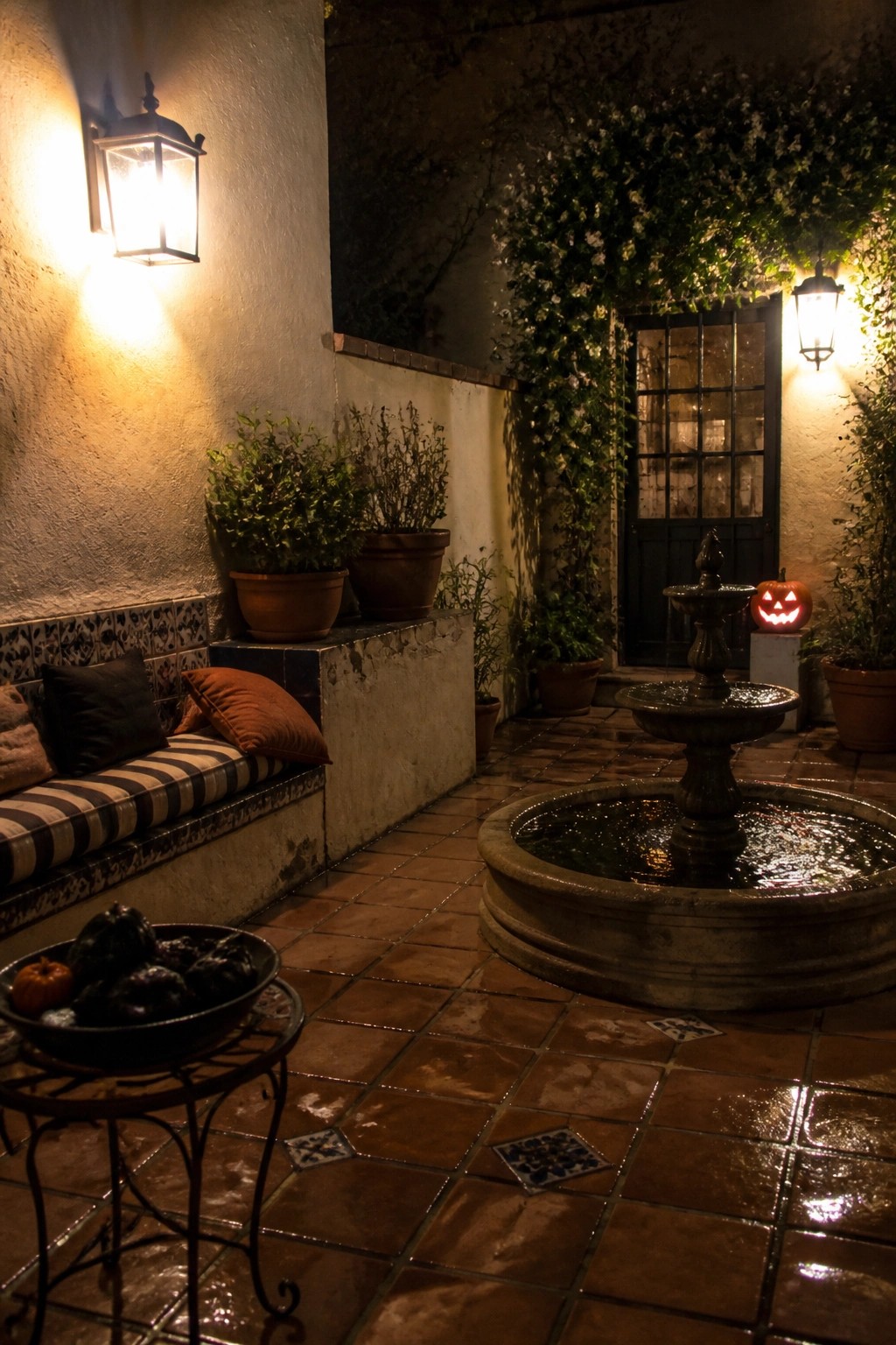 A nighttime courtyard with a stone fountain, two wall-mounted lanterns, a cushioned bench, potted plants, and a carved pumpkin near the door.