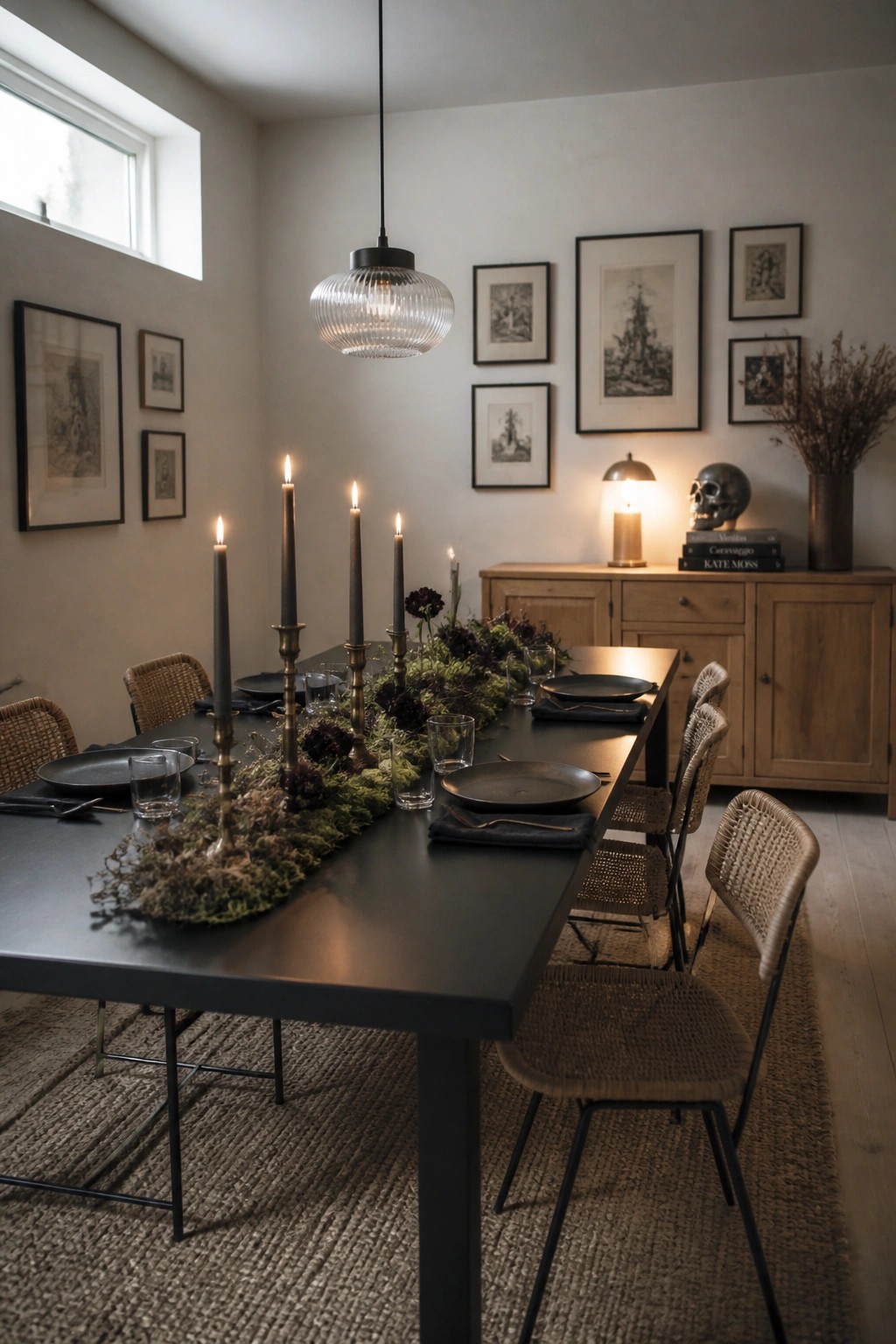 A dark dining table with black candles and moss centerpiece, and a wooden sideboard holding a human skull, lamp, and books against a wall with framed prints.