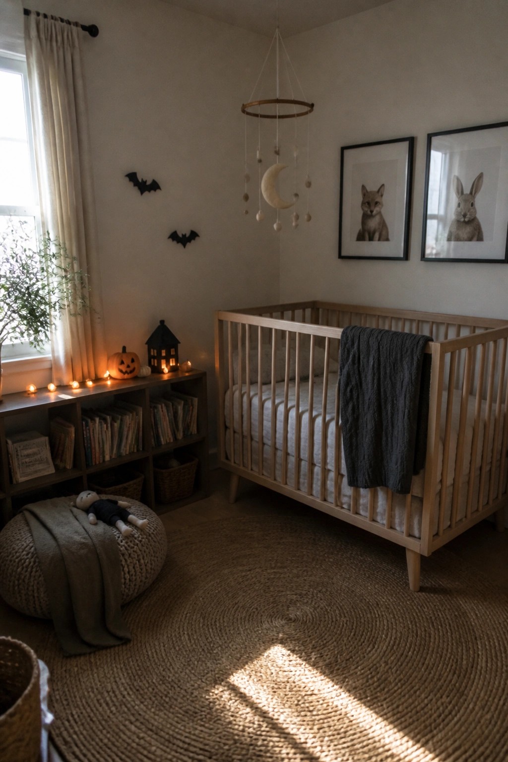 A light-filled nursery with a wooden crib, neutral bedding, two black bat cutouts on the wall, a small lit pumpkin on a low shelf, and framed animal prints above the crib.
