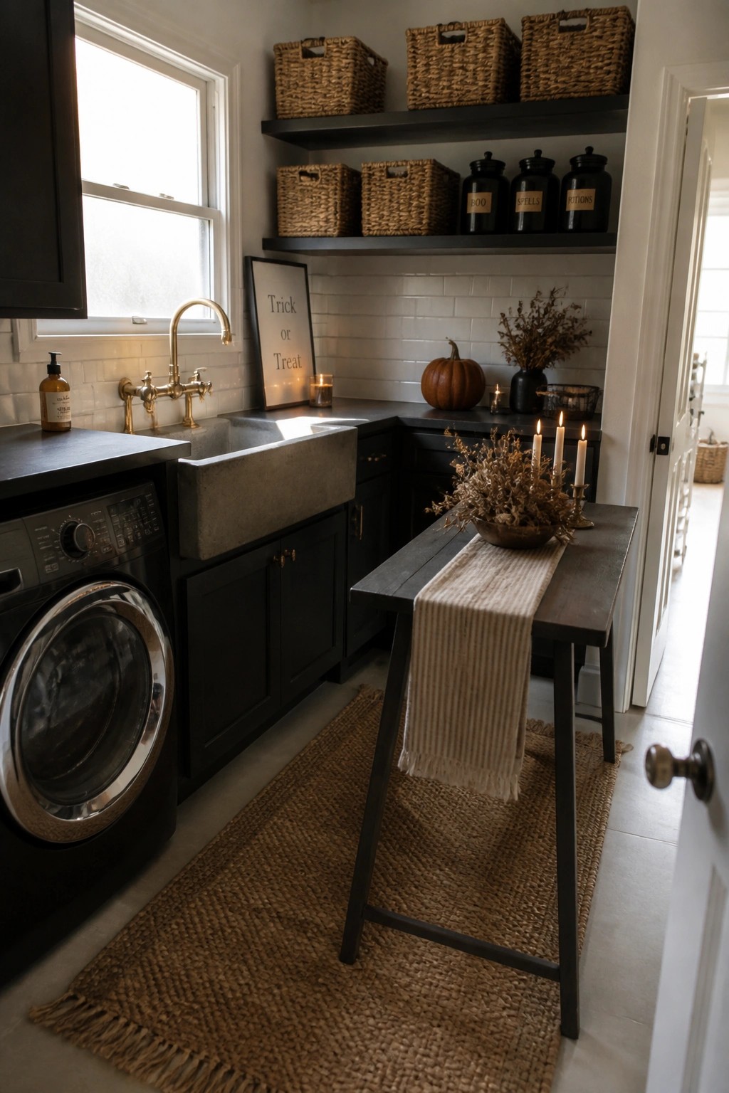 A laundry room featuring black cabinets, a concrete sink under a window, a front-loading washer, open black shelves with woven baskets and labeled black jars, and a narrow wooden table holding candles and dried flowers on a jute rug.