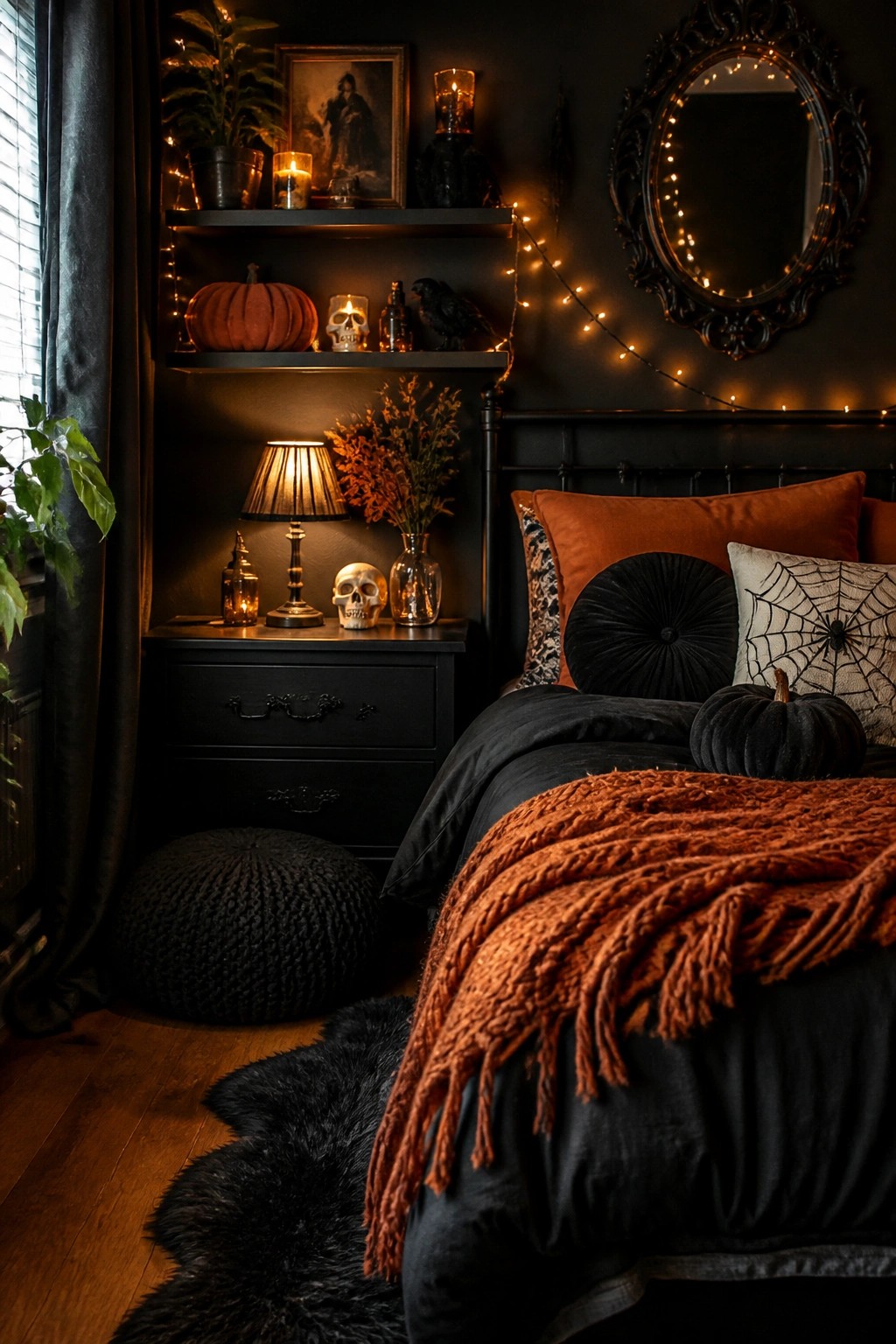Bedroom with black bedding, a spiderweb pillow, skulls on the nightstand, and additional skulls and crows on dark shelves.