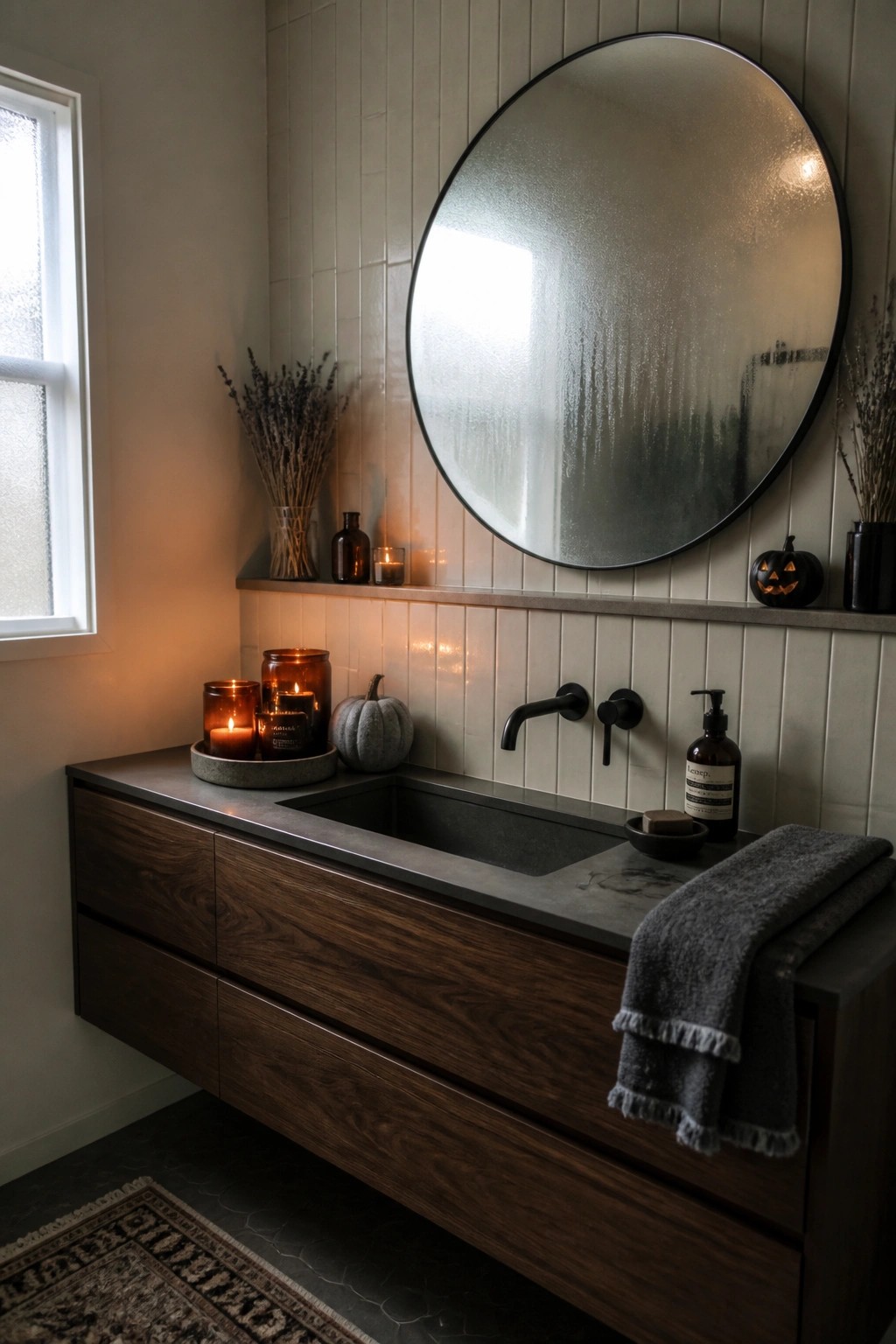 Dark wood vanity with concrete sink, round mirror, lit candles, and autumn pumpkins.