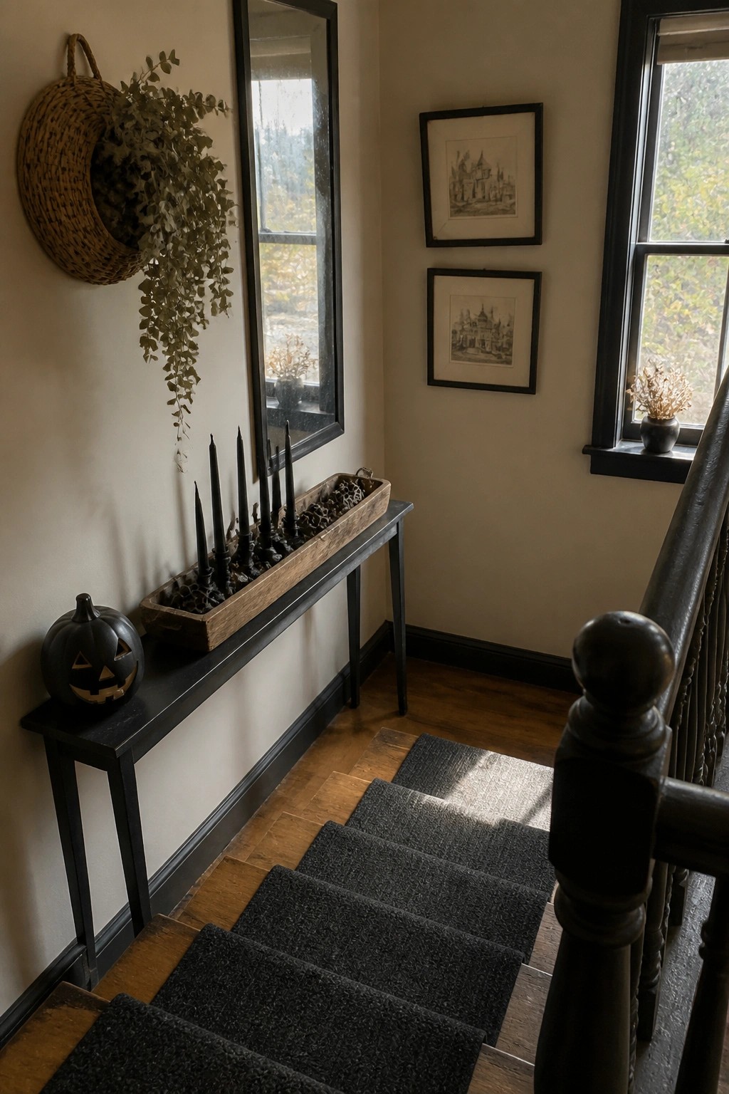 A black console table in a hallway holds a long wooden tray filled with black taper candles and a small black pumpkin on the left end.