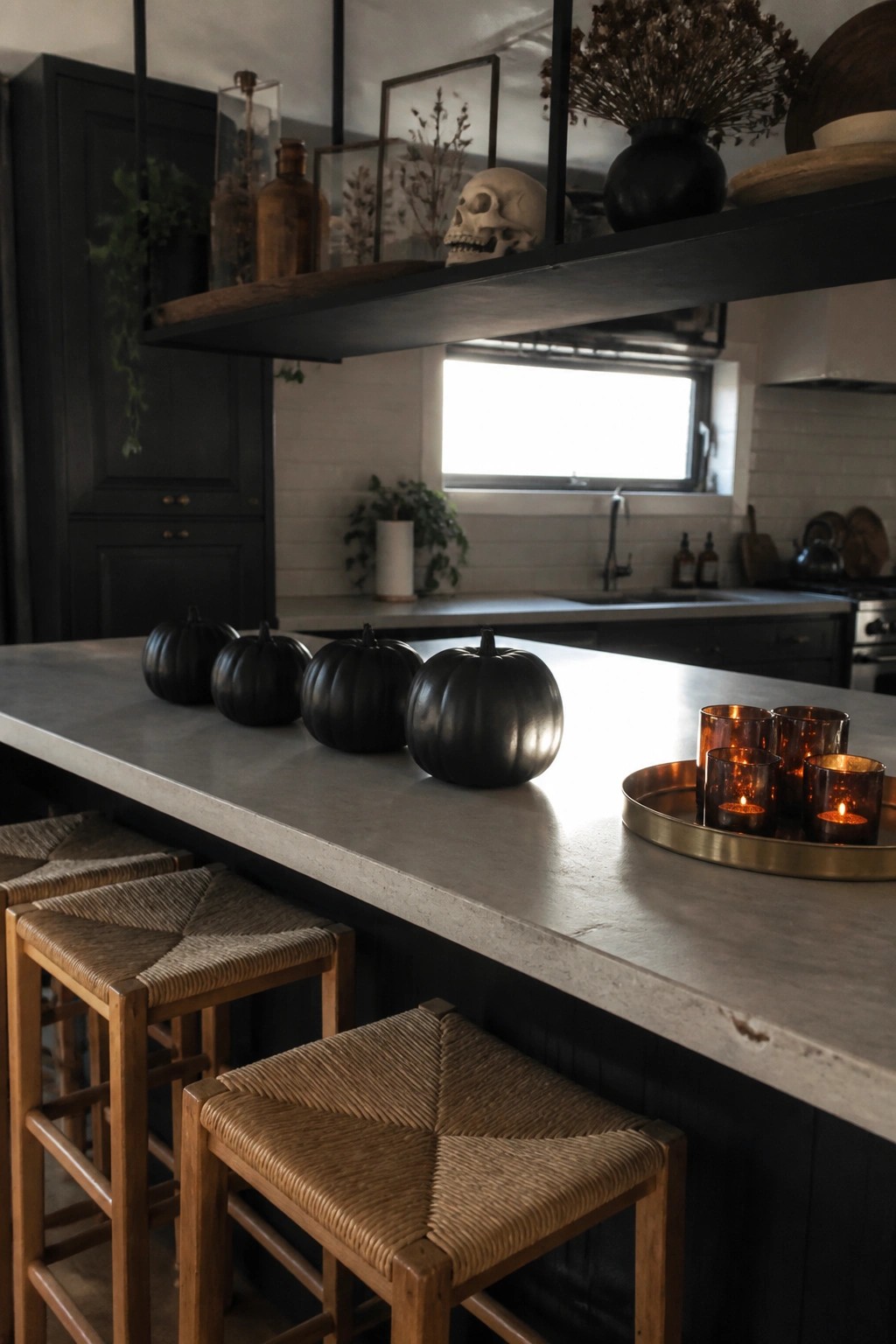 A kitchen island with four black pumpkins lined up on a gray countertop, woven bar stools in front, and lit candles on a brass tray to the right.