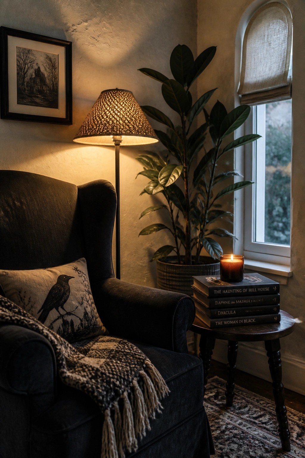 A dark armchair with a bird pillow sits beside a floor lamp and a stack of horror books in a corner with a potted plant and window.