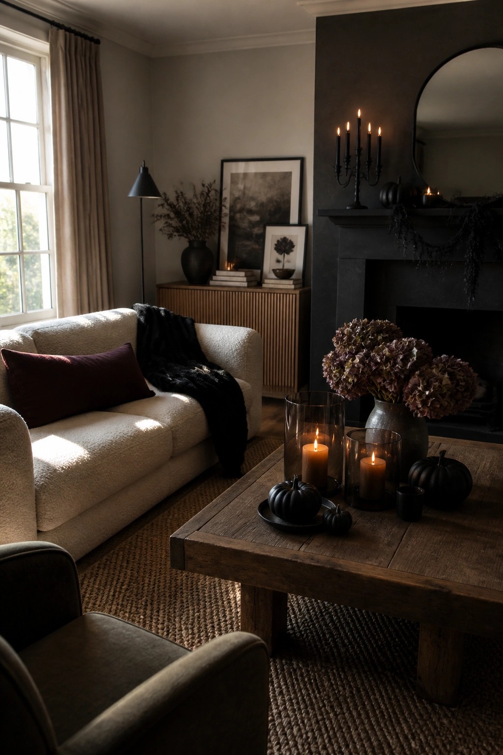 A living room with a white sofa, wooden coffee table holding lit black candles and small black pumpkins, and a dark fireplace mantel with a candelabra and dried flowers.