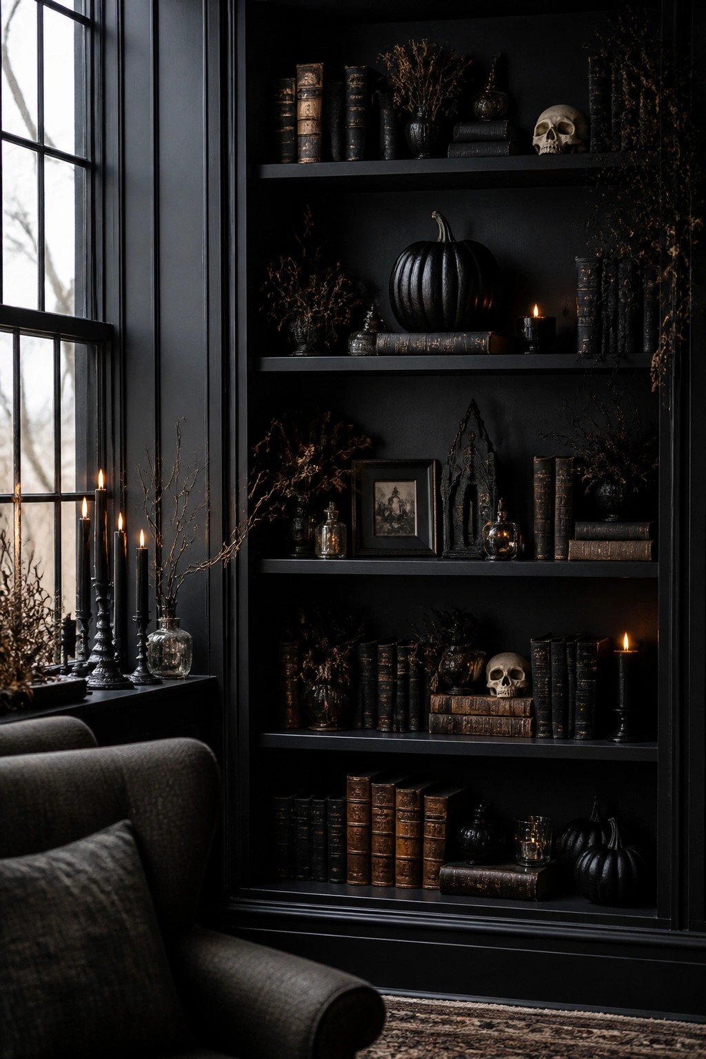 Dark built-in bookshelf styled with skulls, black pumpkins, old books, candles, and dried branches for Halloween.