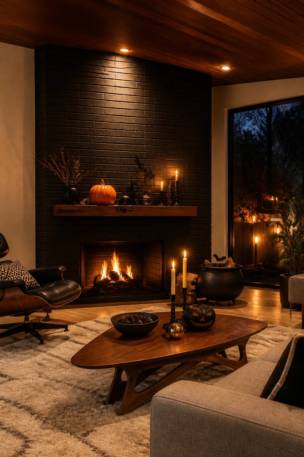 Cozy modern living room with brick fireplace, Halloween pumpkins, candles, and black cauldron
