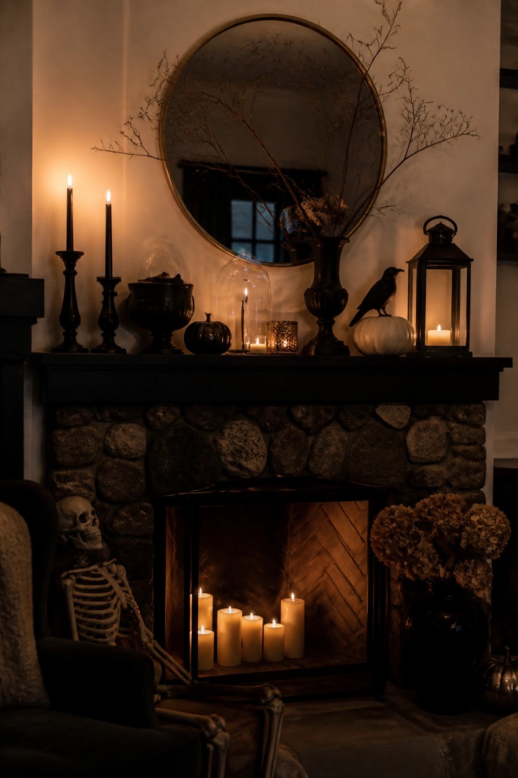Stone fireplace mantel styled with black candles, a black crow on a white pumpkin, dried branches in a vase, and a skeleton seated in a nearby chair.