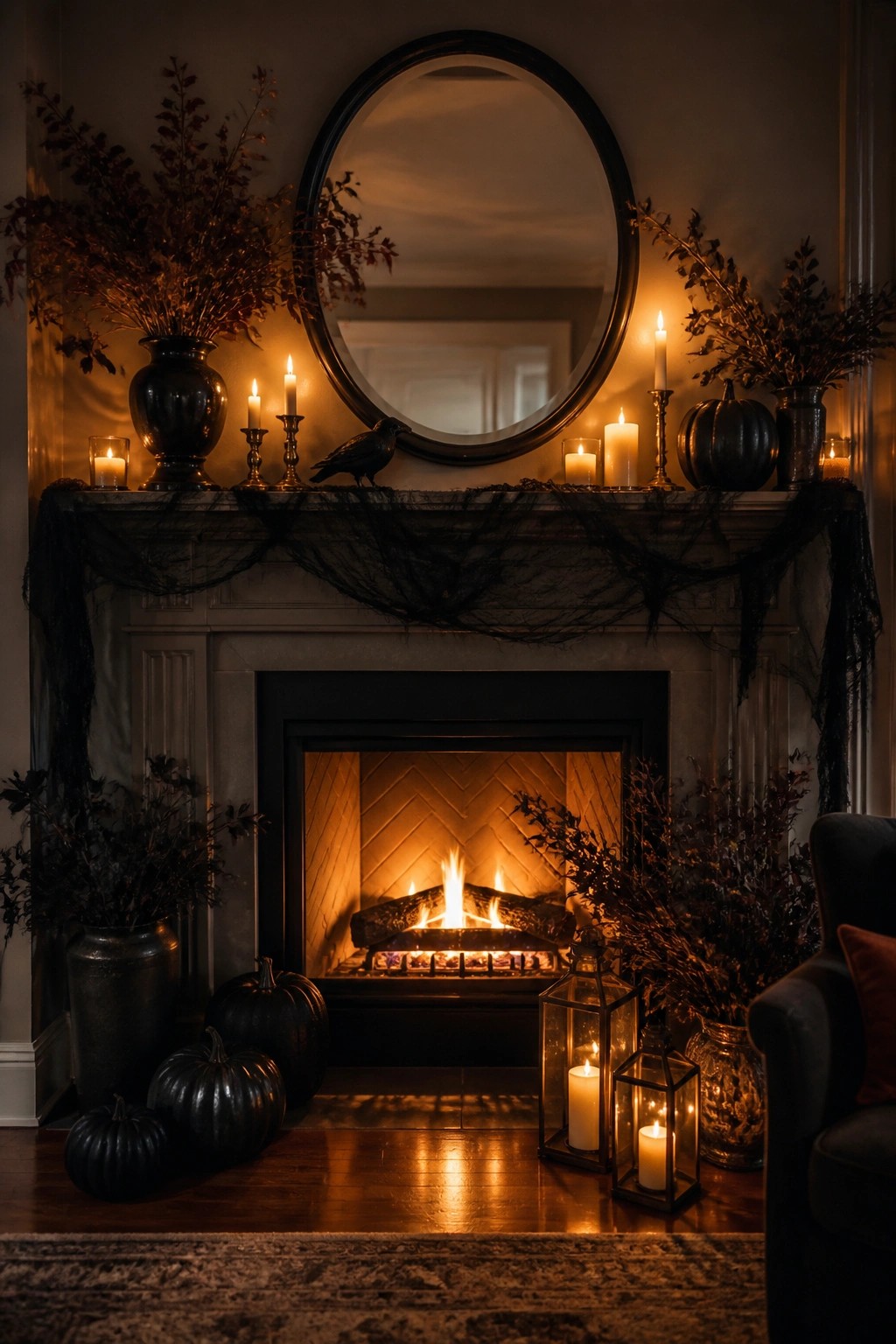 A stone fireplace mantel decorated for Halloween with black spiderweb garland, black pumpkins, candles, a crow figure, and dark foliage.