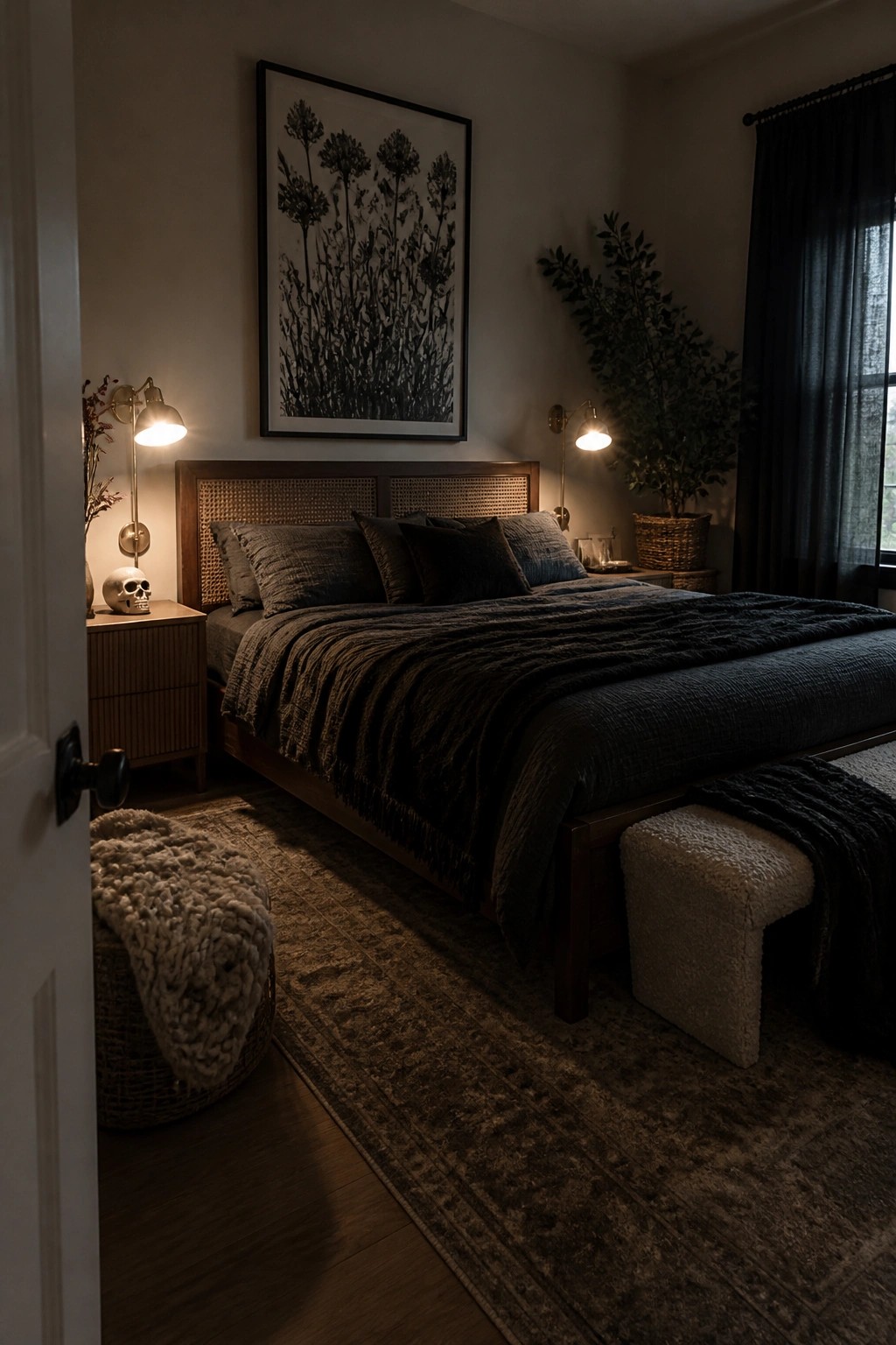 Dark bedroom with woven headboard, black bedding, skull decor, and wall sconces