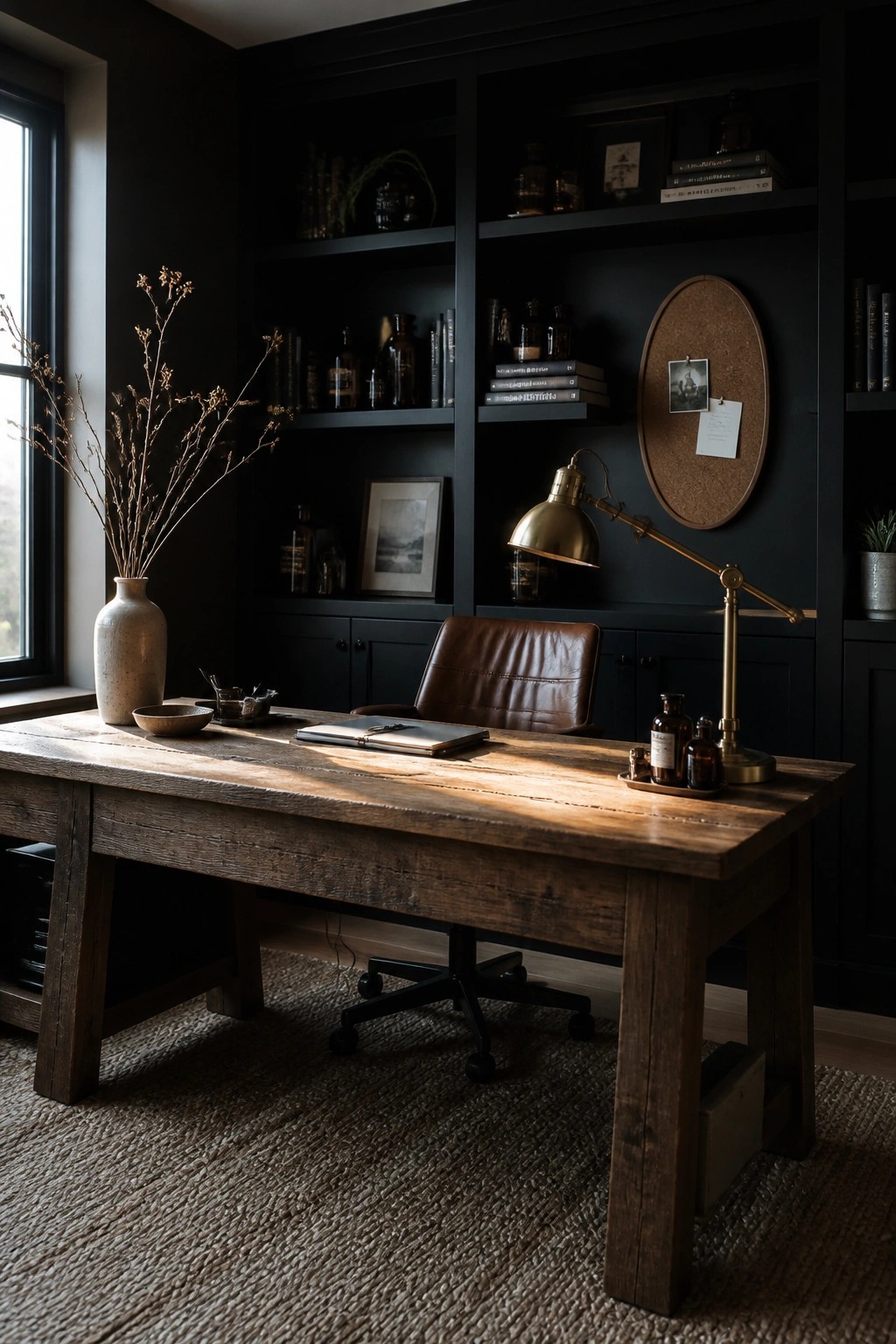 Rustic wooden desk, leather chair, and brass lamp in a dark study.