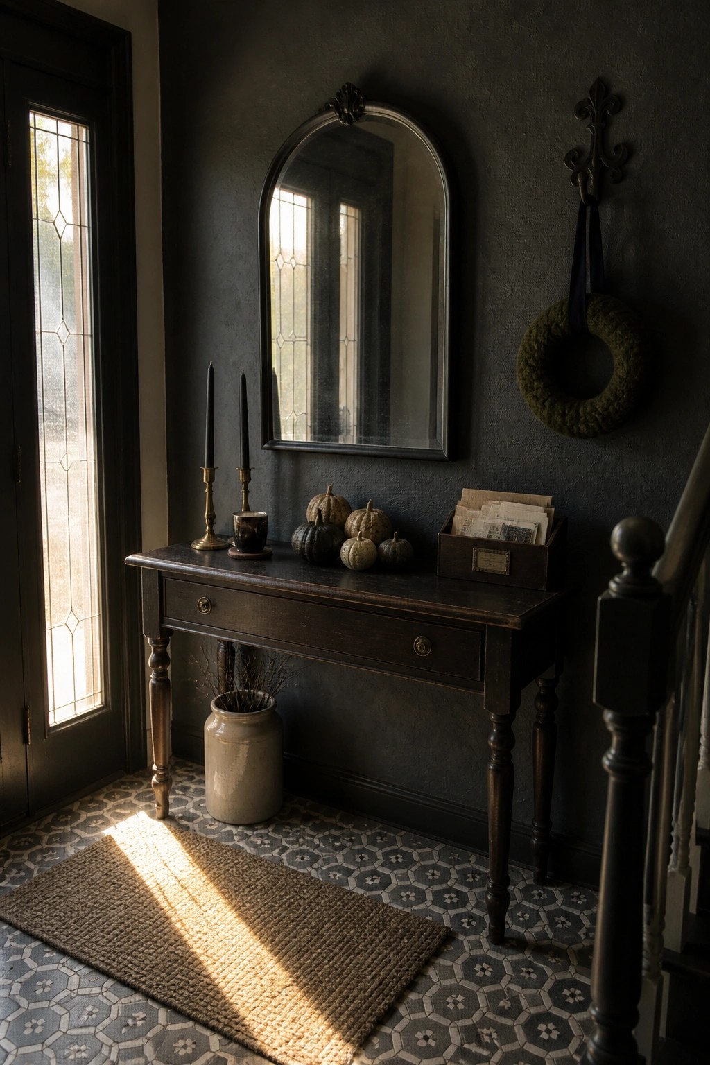 Dark wooden console table with pumpkins, candles, and arched mirror in moody hallway.