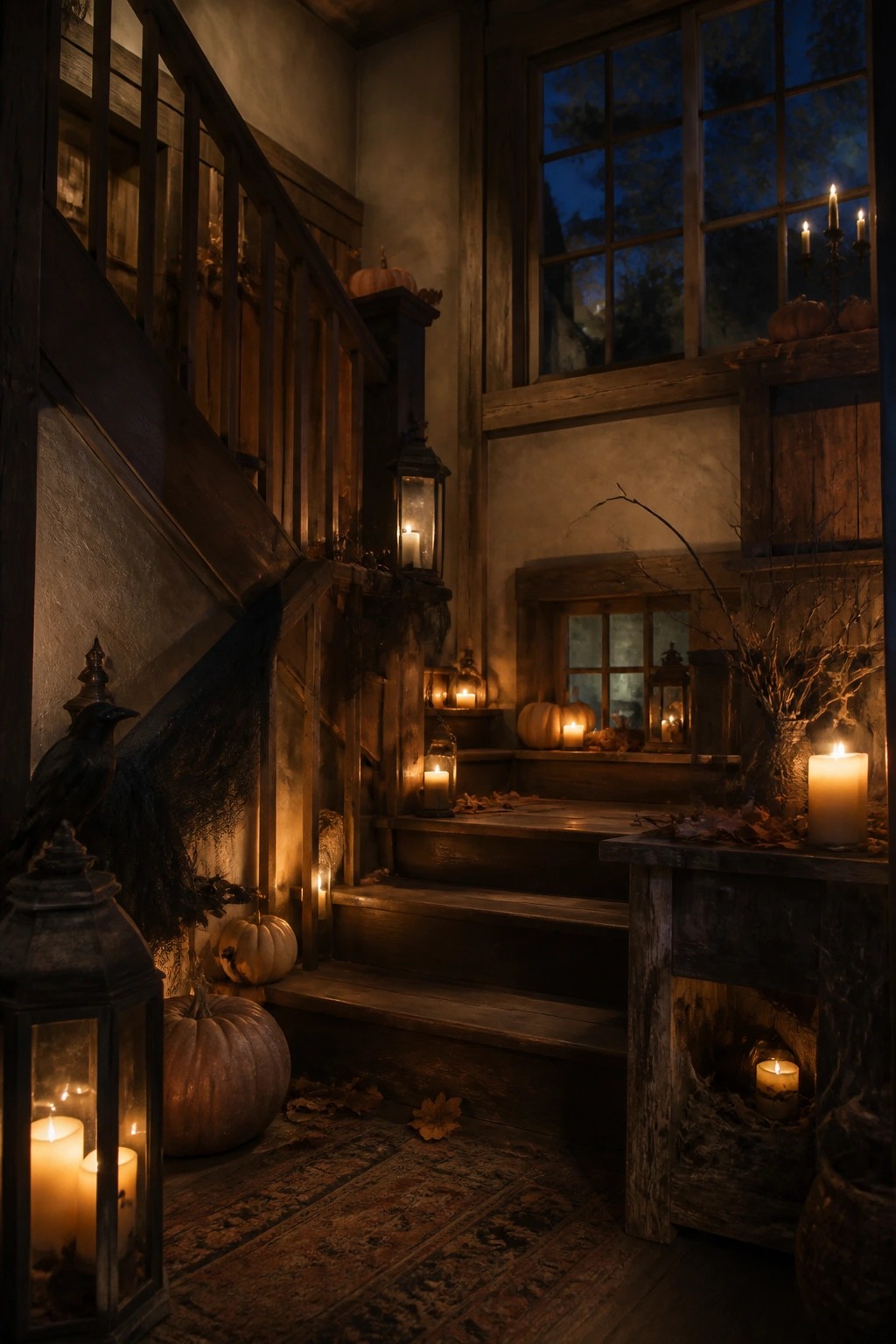 Wooden staircase decorated with glowing lanterns, pumpkins, and a black crow for Halloween.